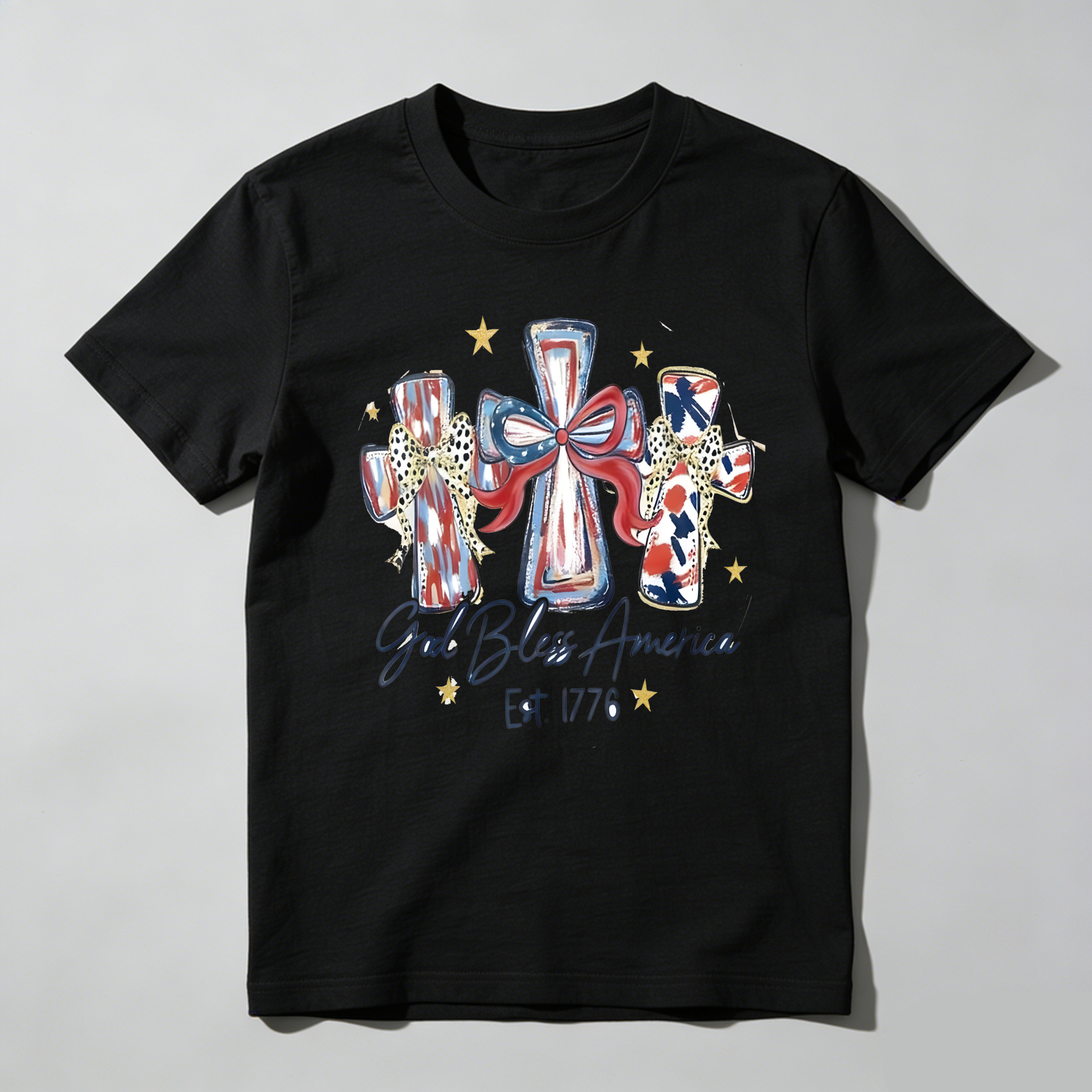 Patriotic Crosses With American Flag Design And God Bless America Text T-shirt
