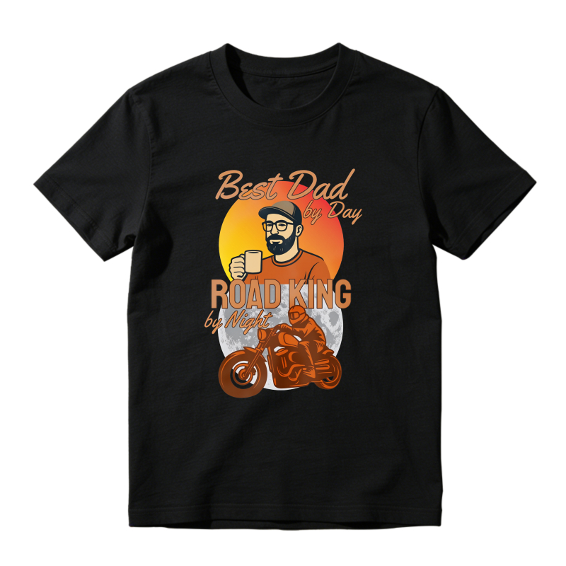 Best Dad By Day Road King By Night Motorcycle Rider With Coffee Cup And Sunset Background Unisex Classic T-shirt