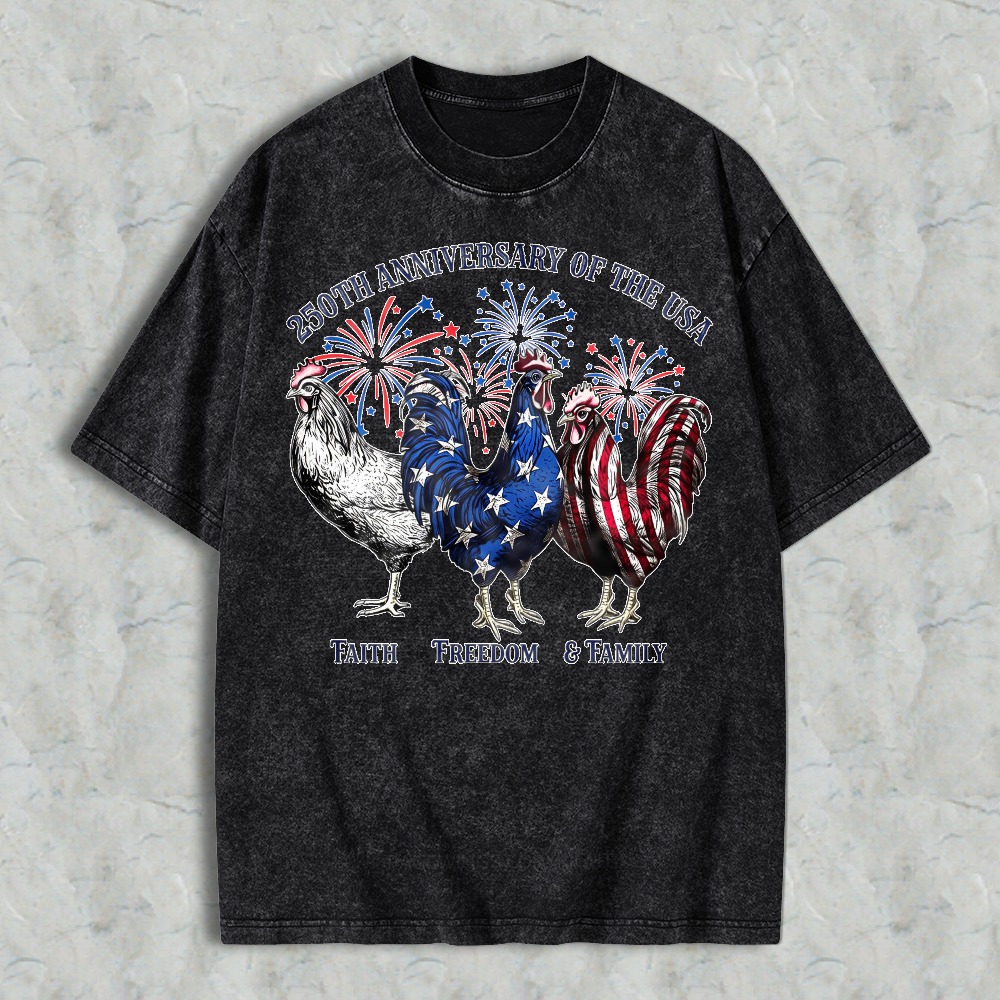 Patriotic Roosters With American Flag And Fireworks 250th Anniversary Of The Usa Washed T-shirt