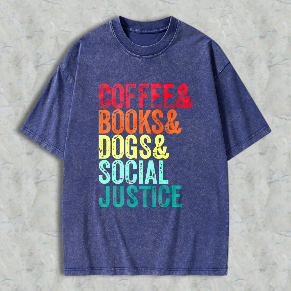 Wardrobecart Coffee Books Dogs Social Justice Unisex Washed T-shirt