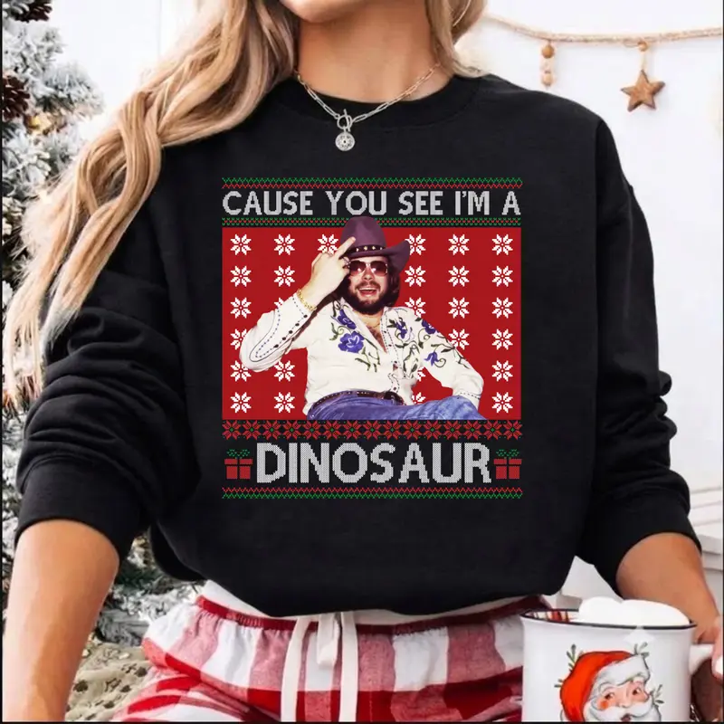 Merry Christmas Dinosaur Hank Williams.Jr Western Sweatshirt, Funny Western Holiday Shirt, Ugly Christmas Sweater, Vintage Country Music Graphic Crewneck, Country Music Fan Gift