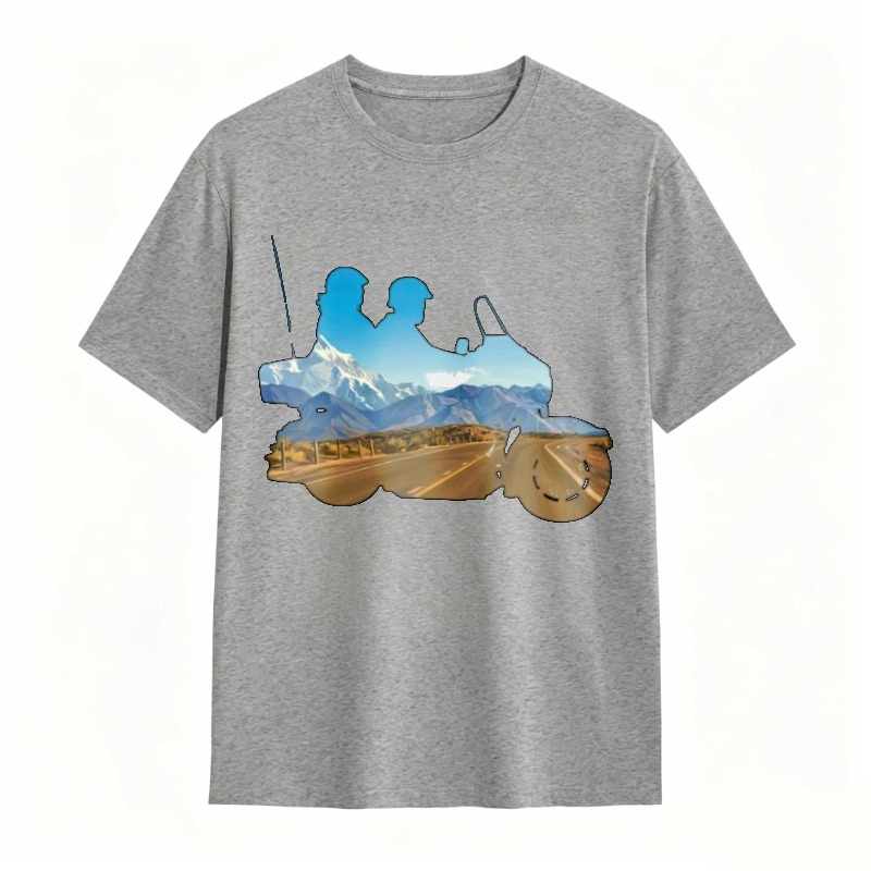 Mountain Landscape With Two Riders On A Motorcycle T-shirt