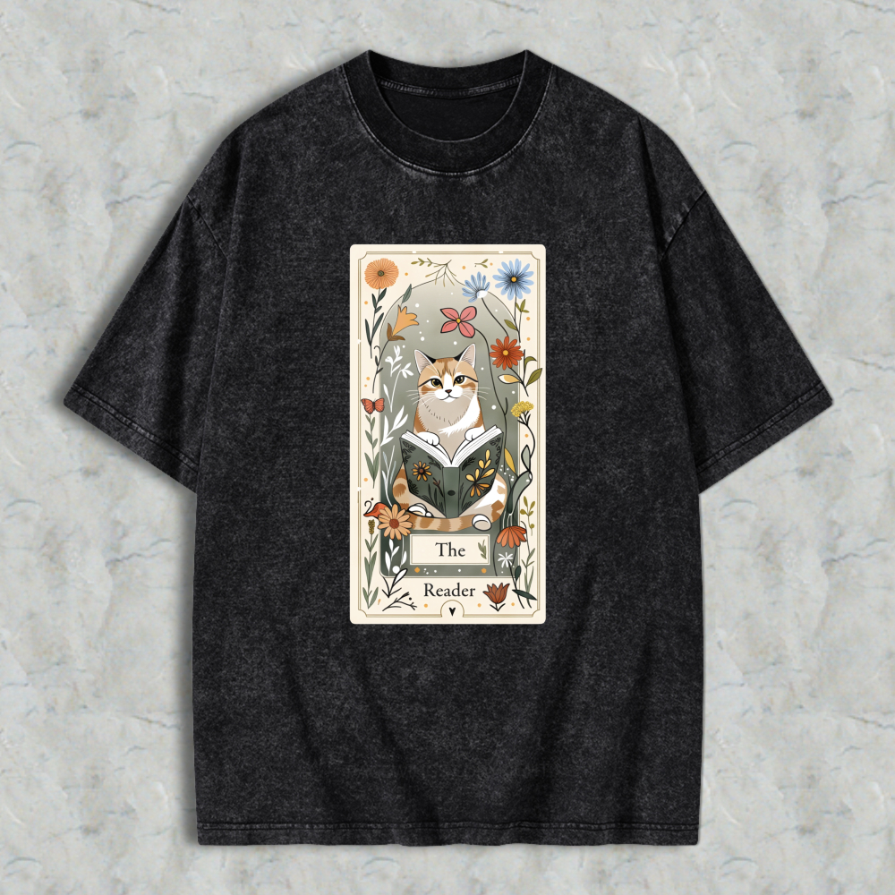 Wardrobecart Cat Reading Book Floral Frame The Reader Unisex Washed T-shirt