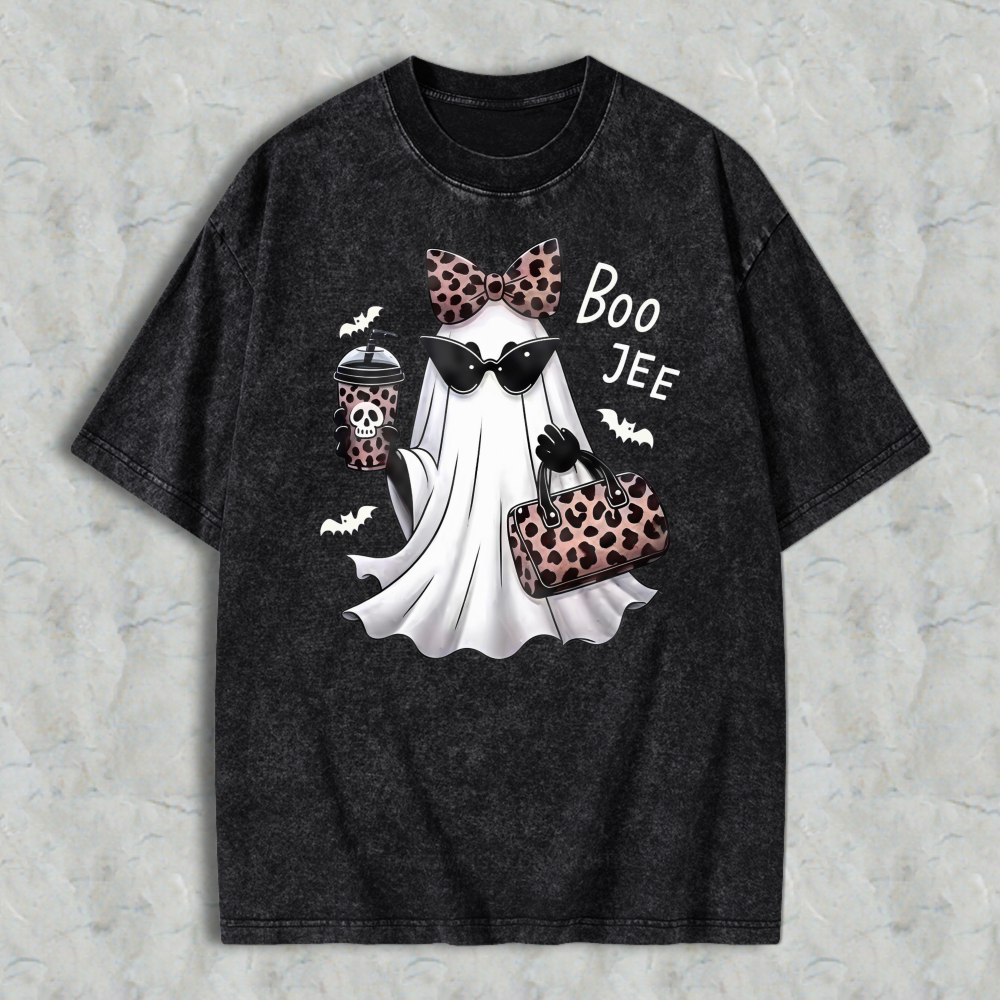 Leopard Print Ghost With Sunglasses And Boo Jee Text Washed T-shirt
