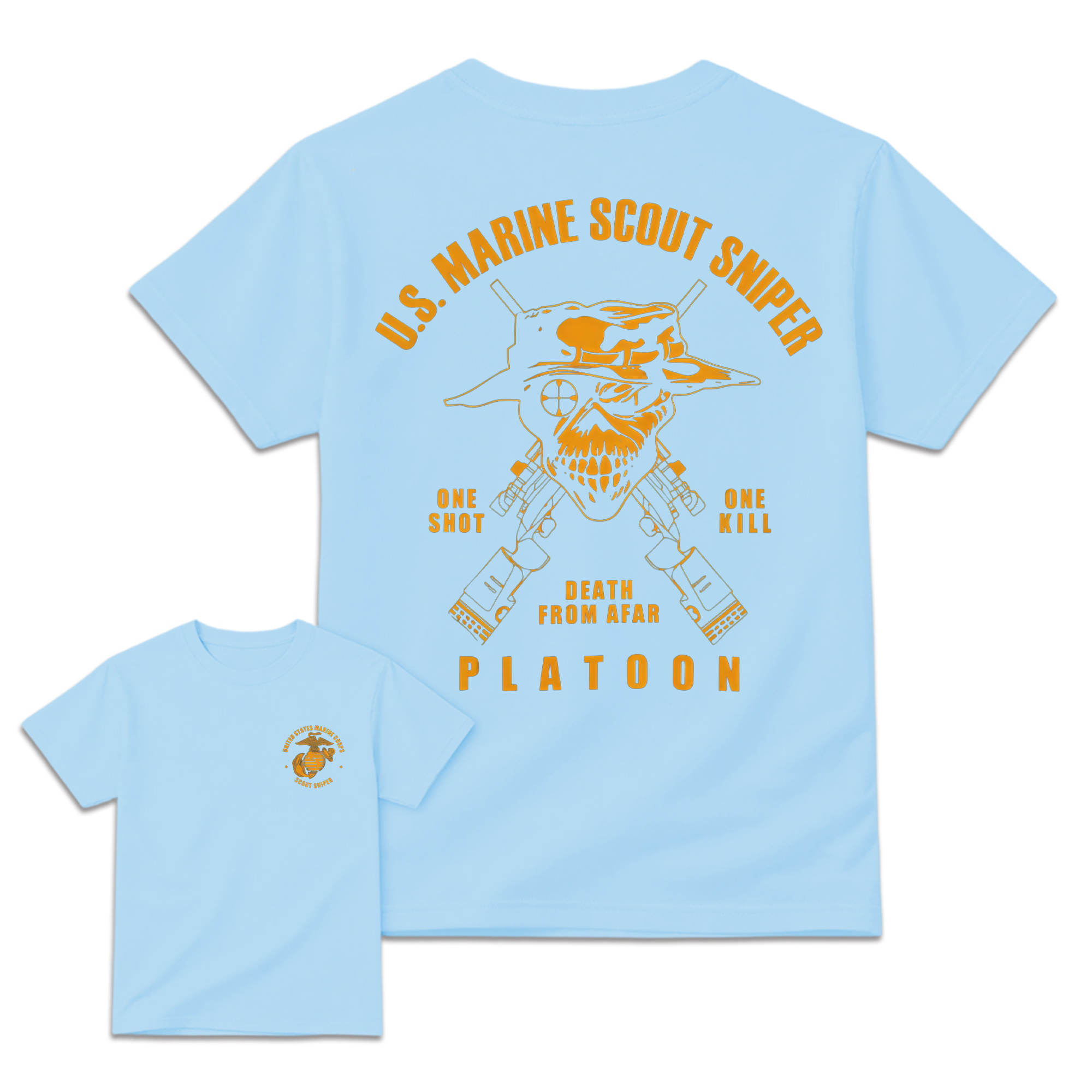 Men's U.S. Marine Scout Sniper T-Shirt,  Casual Menswear, 2-Sided Marine Legacy Art, Bold Skull and Rifle Art, Skull Print, Eagle Globe & Anchor Military Pride Apparel