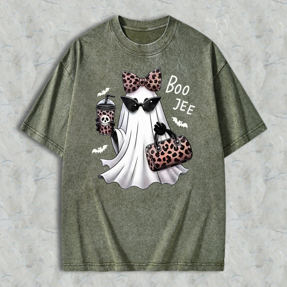 Leopard Print Ghost With Sunglasses And Boo Jee Text Washed T-shirt