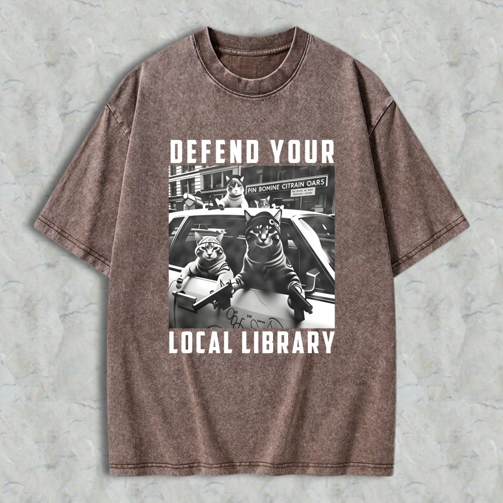 Wardrobecart Defend Your Local Library Cats With Guns Unisex Washed T-shirt