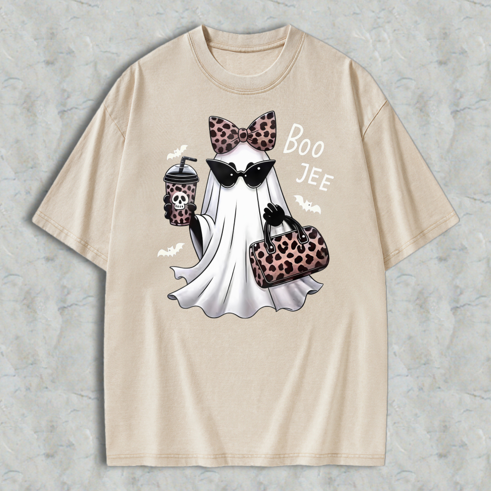 Leopard Print Ghost With Sunglasses And Boo Jee Text Washed T-shirt