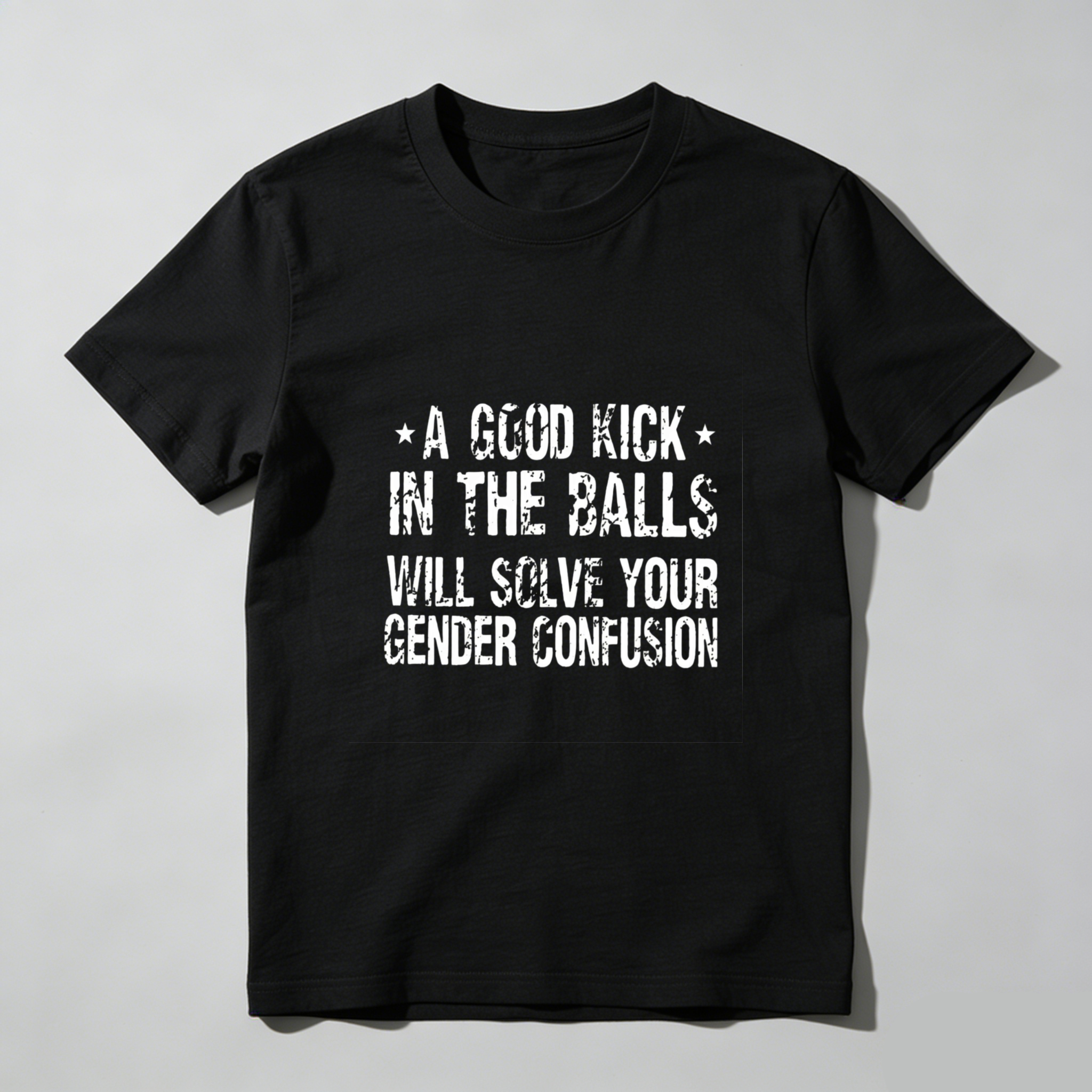 TEECURENT A Good Kick In The Balls Will Solve Your Gender Confusion Pure Cotton Short Sleeve T Shirt