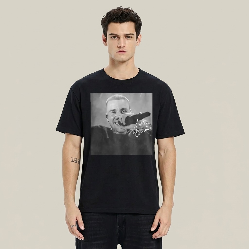 Justin Bieber Singing With Microphone Signature tshirt 100% cotton