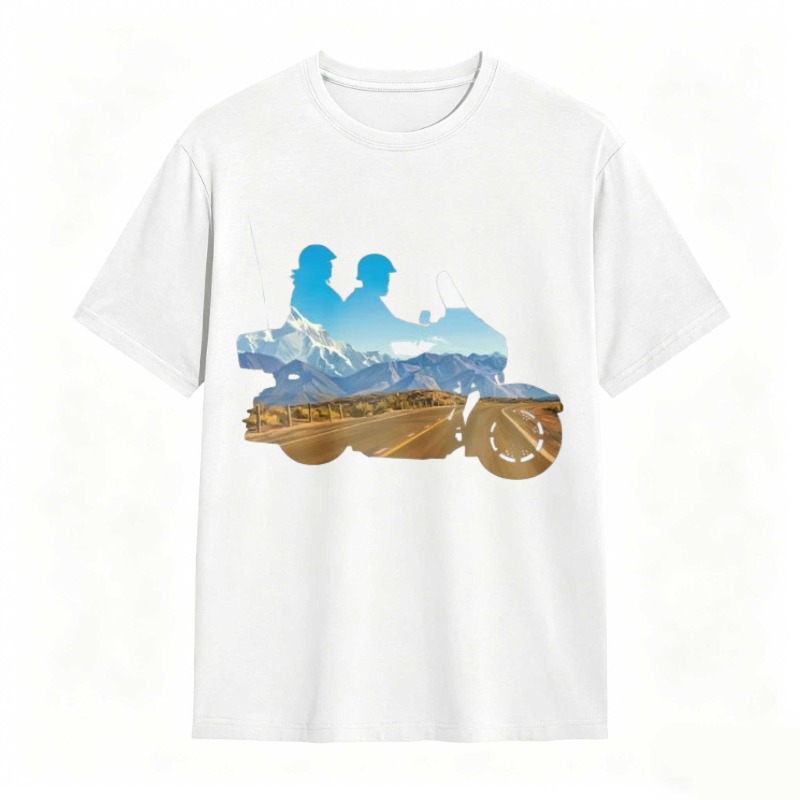Mountain Landscape With Two Riders On A Motorcycle T-shirt