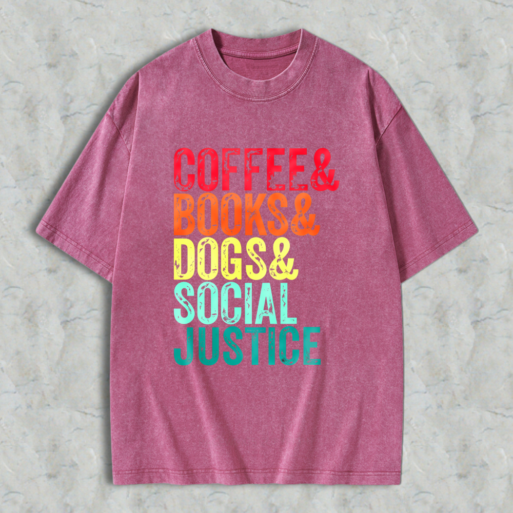 Wardrobecart Coffee Books Dogs Social Justice Unisex Washed T-shirt