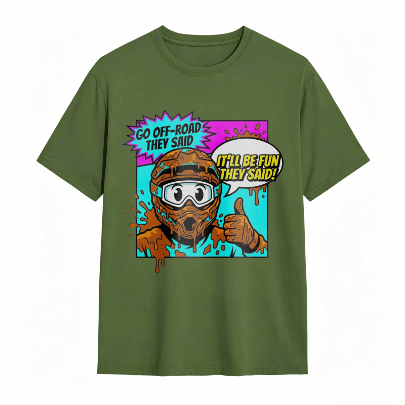 Off Road Adventure Cartoon Character With Mud And Speech Bubbles T-shirt