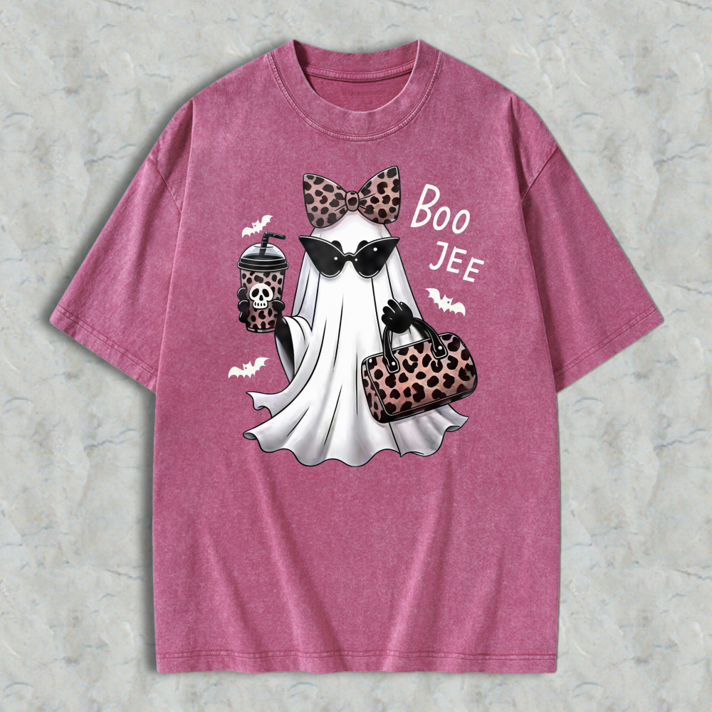 Leopard Print Ghost With Sunglasses And Boo Jee Text Washed T-shirt