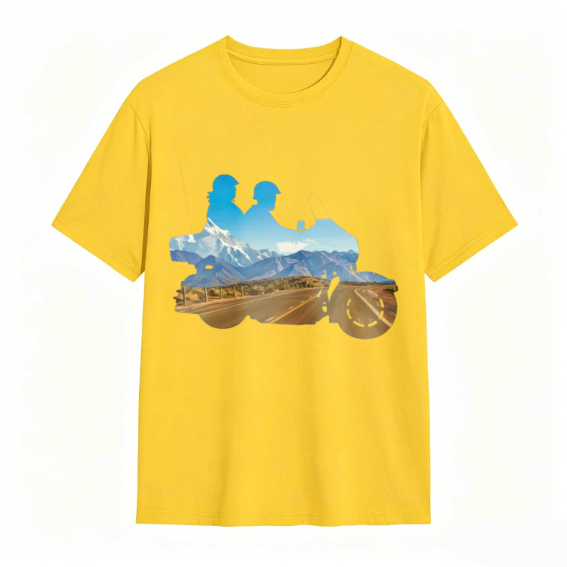 Mountain Landscape With Two Riders On A Motorcycle T-shirt