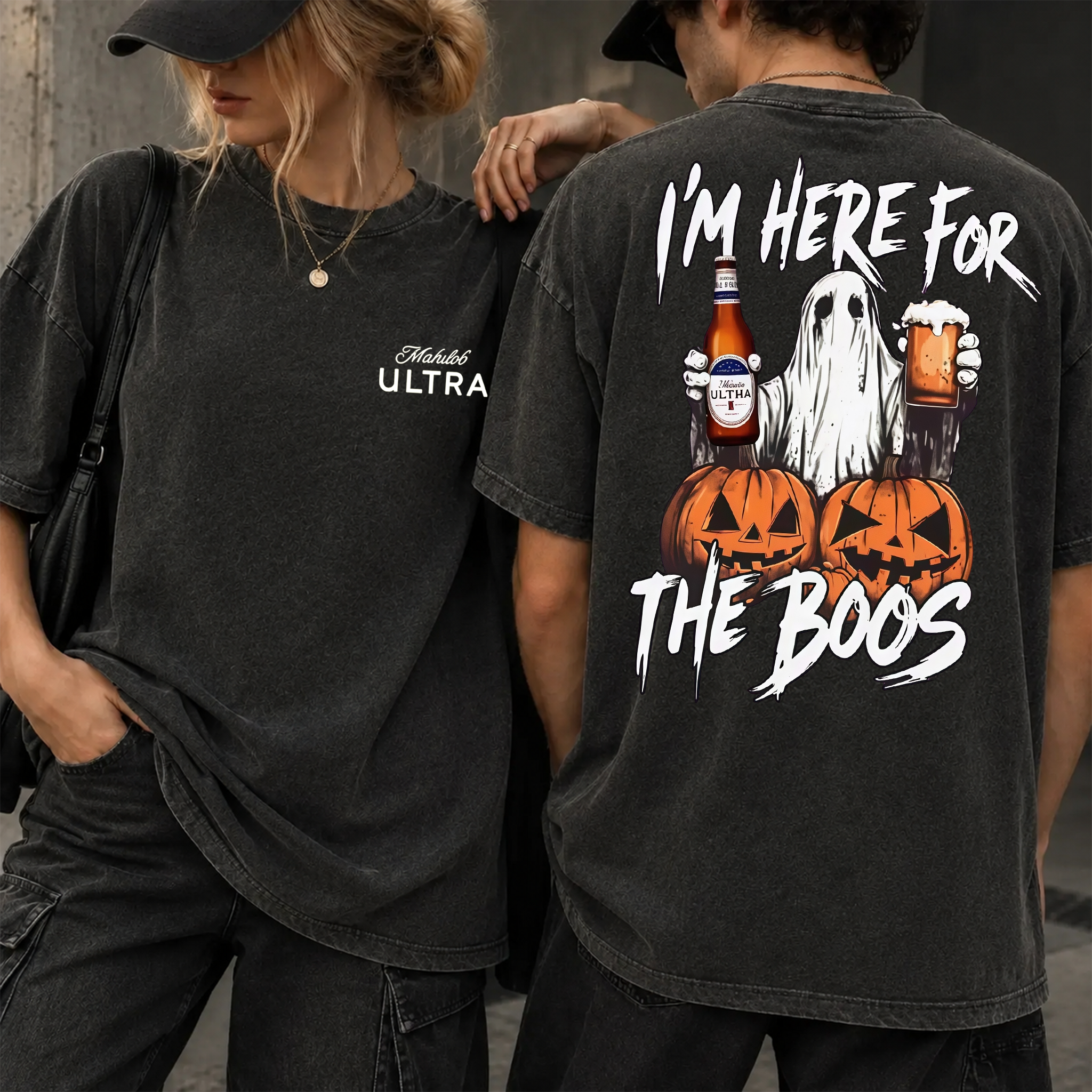 Vintage Washed Ghost "I'm Here For The Boos" Double-Sided Graphic Tee | Unisex oversized Crew Neck Cotton Streetwear, Halloween Casual Top for Men & Women