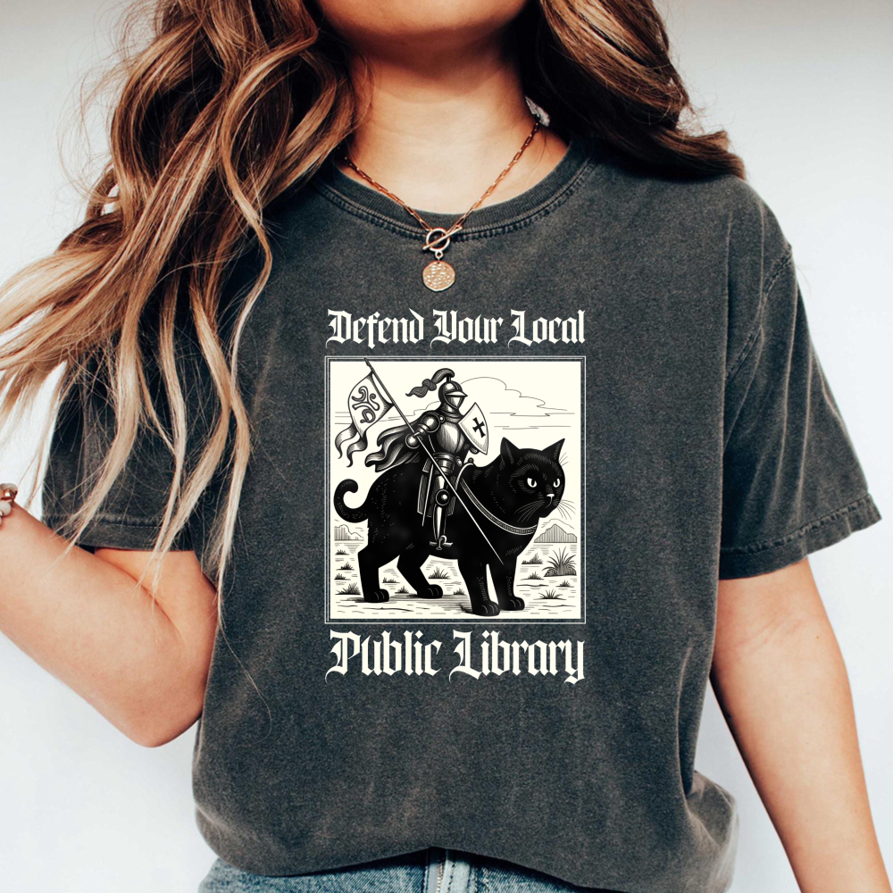 Wardrobecart Cat Knight Defend Your Local Public Library Unisex Washed T-shirt