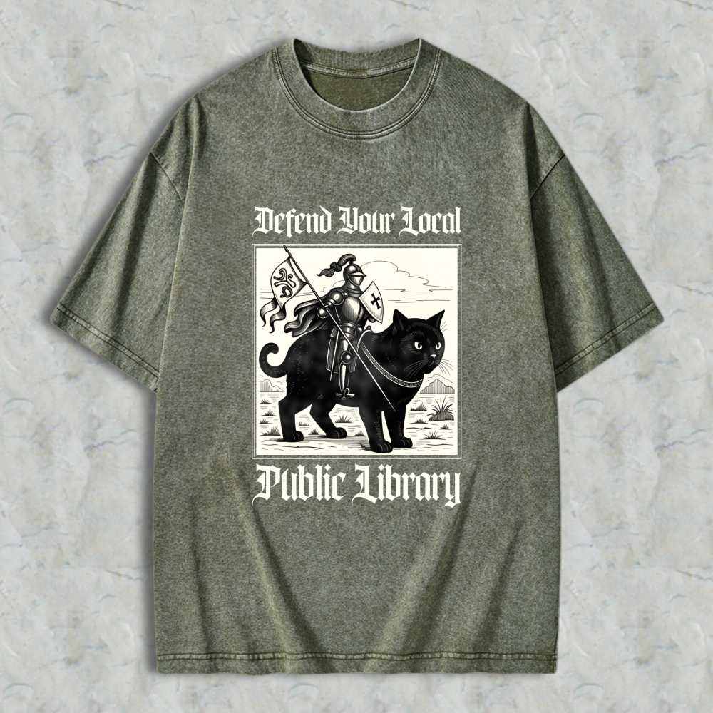 Wardrobecart Cat Knight Defend Your Local Public Library Unisex Washed T-shirt