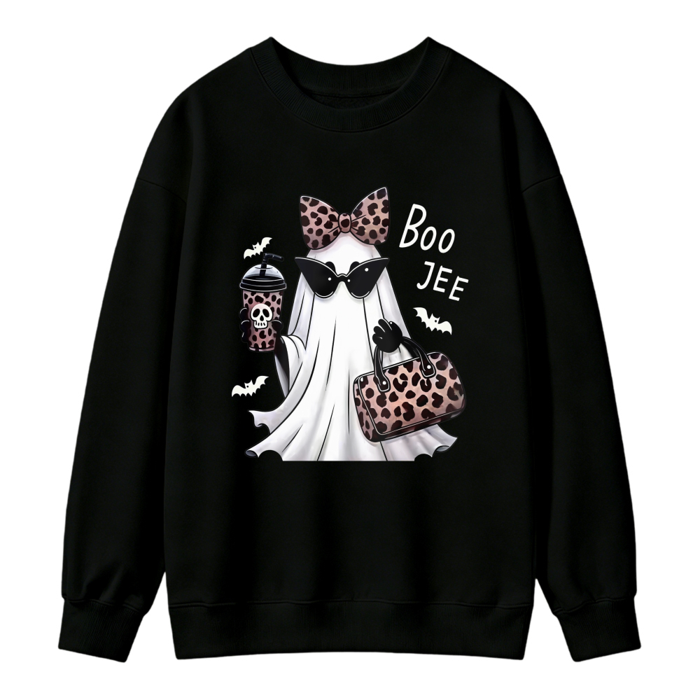 Cute Ghost With Leopard Bow Sunglasses And Coffee Cup Boo Jee Halloween Graphic Sweatshirt
