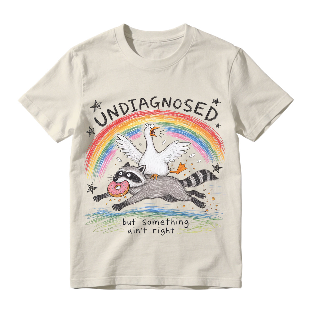 Comfort Colors Undiagnosed But Something Ain't Right TShirt, Funny Goose Riding Raccoon Tee, Silly Goose T-Shirt, Mental Health Humor Gift