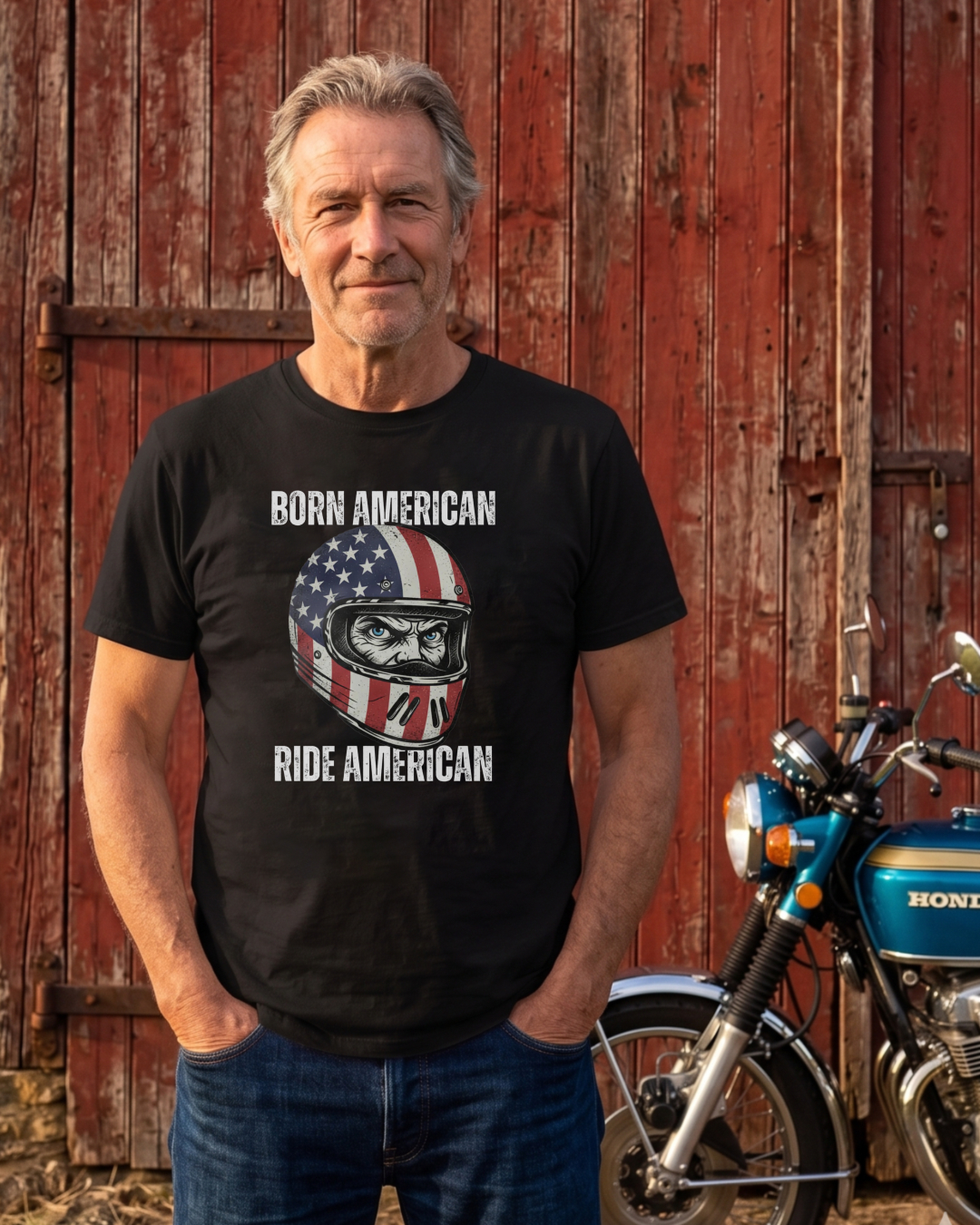 American Flag Helmet Born American Ride American T-shirt