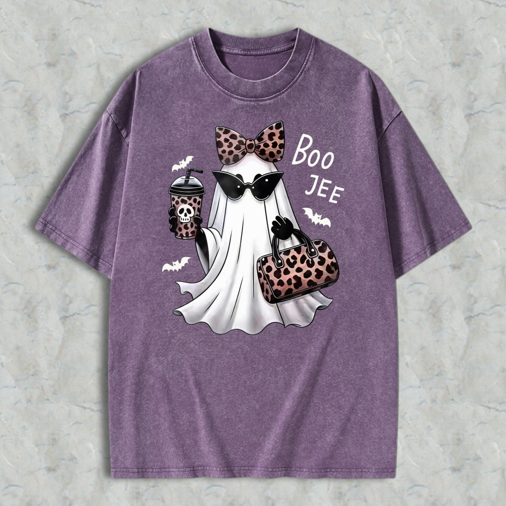 Leopard Print Ghost With Sunglasses And Boo Jee Text Washed T-shirt