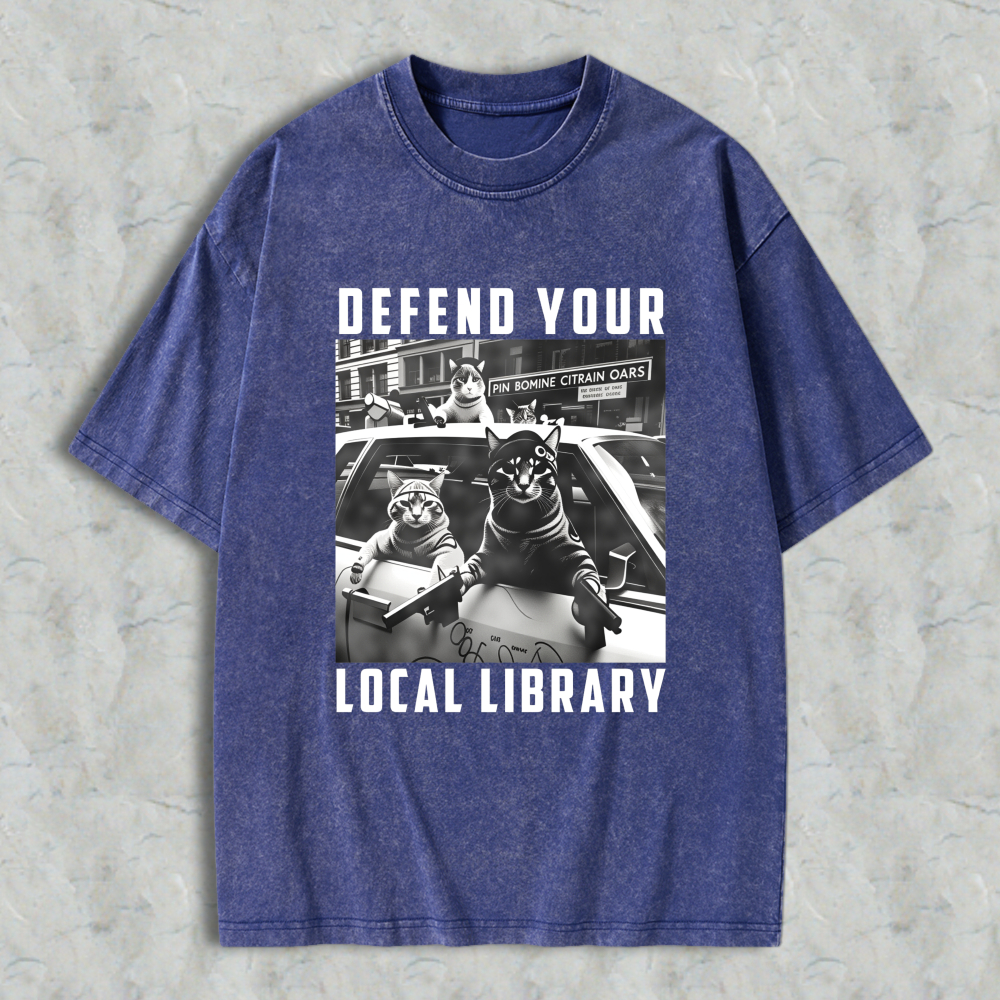 Wardrobecart Defend Your Local Library Cats With Guns Unisex Washed T-shirt