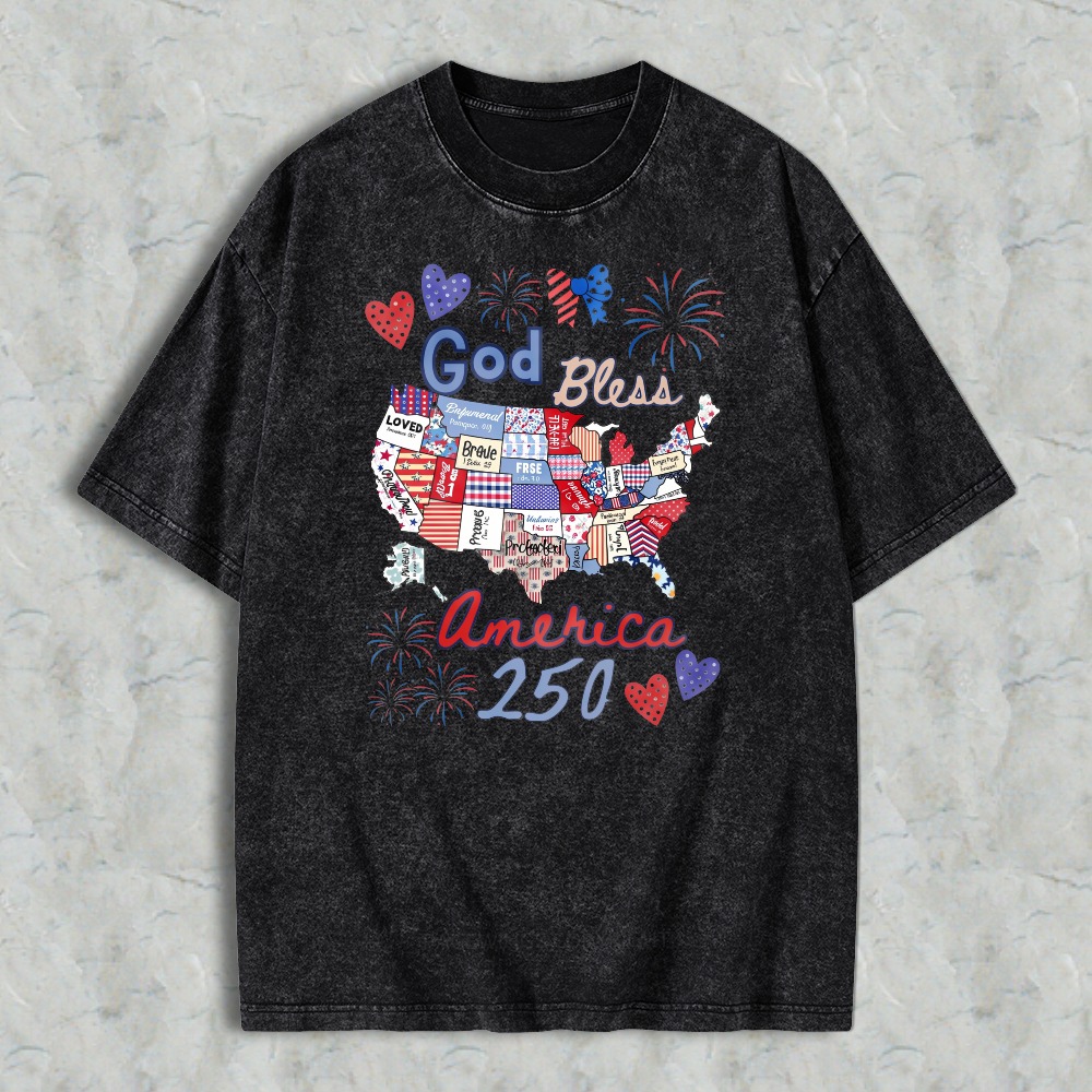 God Bless America 250 Usa Map With Patriotic Symbols And Fireworks Washed T-shirt