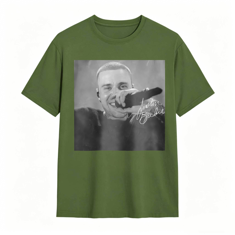 Justin Bieber Singing With Microphone Signature tshirt 100% cotton