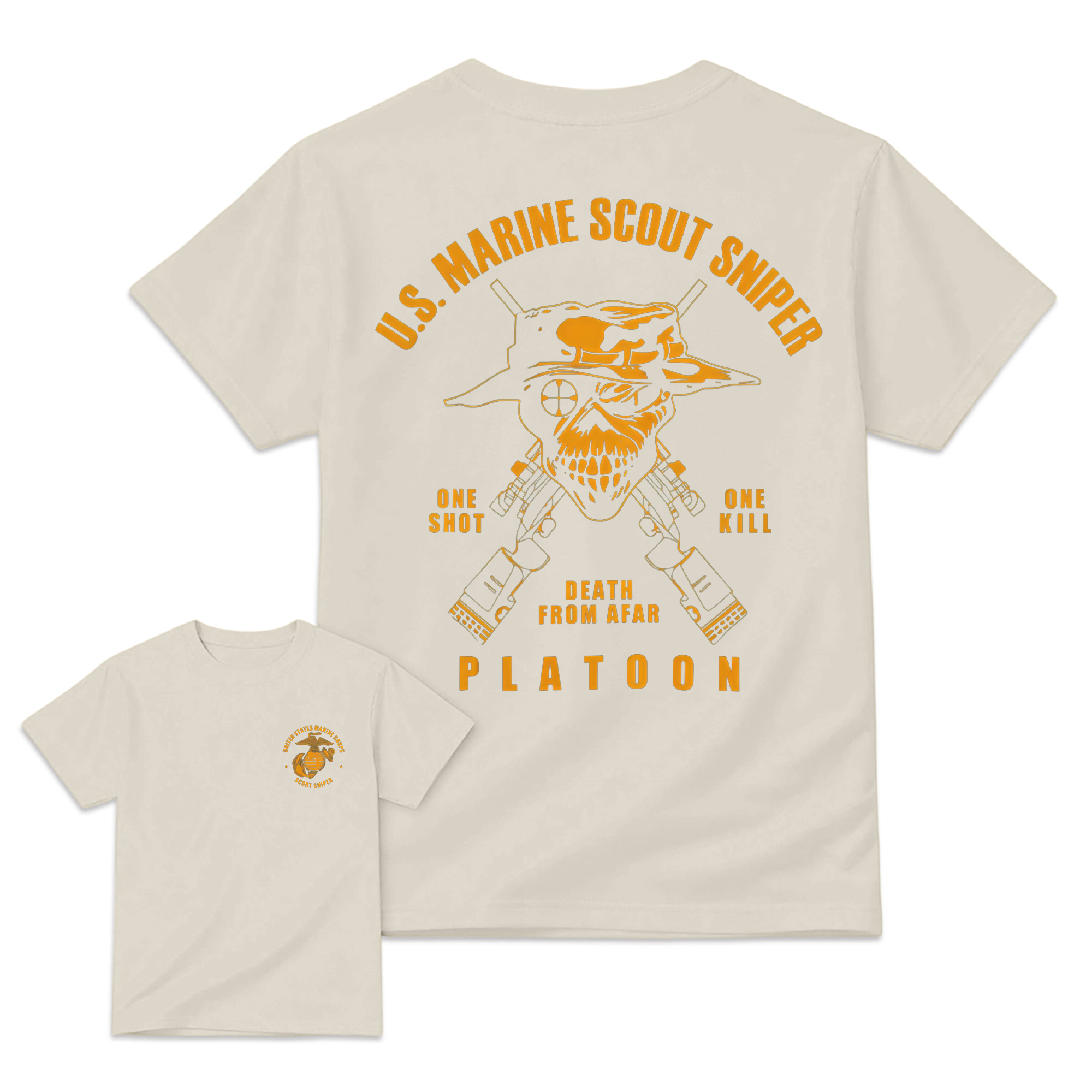 Men's U.S. Marine Scout Sniper T-Shirt,  Casual Menswear, 2-Sided Marine Legacy Art, Bold Skull and Rifle Art, Skull Print, Eagle Globe & Anchor Military Pride Apparel