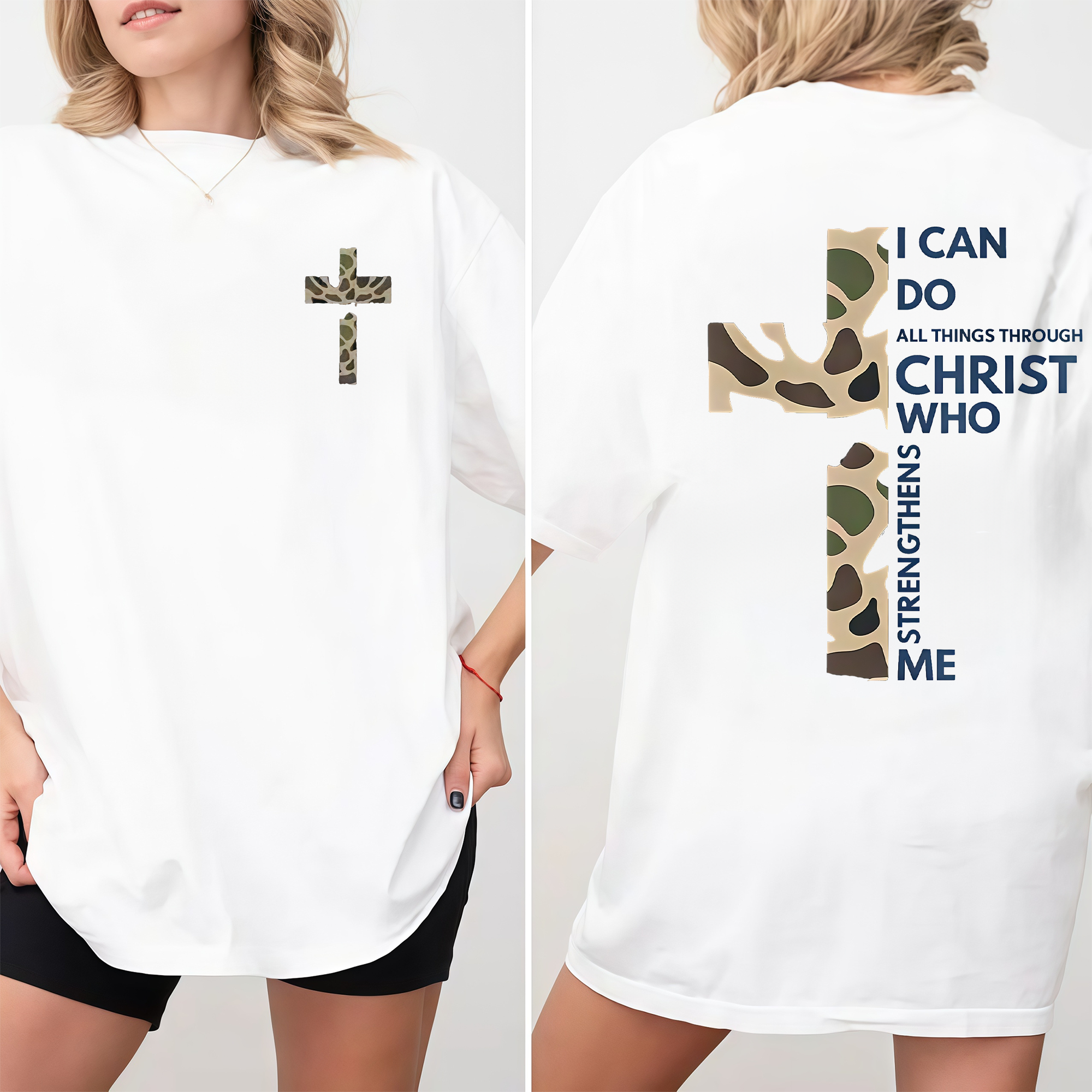 Christian Casual Round Neck Graphic T-Shirt - Camo Cross Print, Philippians 4:13, Relaxed Fit Soft Cotton, Fade-Resistant, Fashion Apparel, All Seasons Church Streetwear Top, Graphic T Shirts