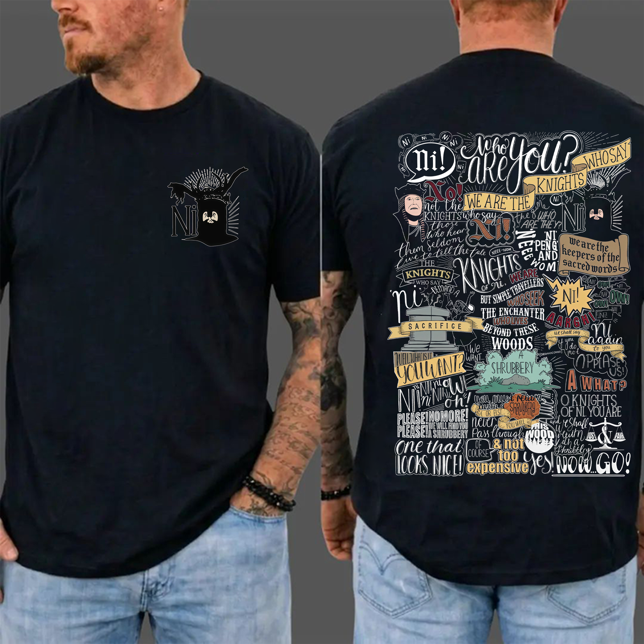 Ni! & Shrubbery Knights Who Say Ni Shirt 2sides, Monty Python and the Holy Grail Meme Tee, Funny 1975 Weirdcore Y2K Aesthetic Gift Unisex Shirt