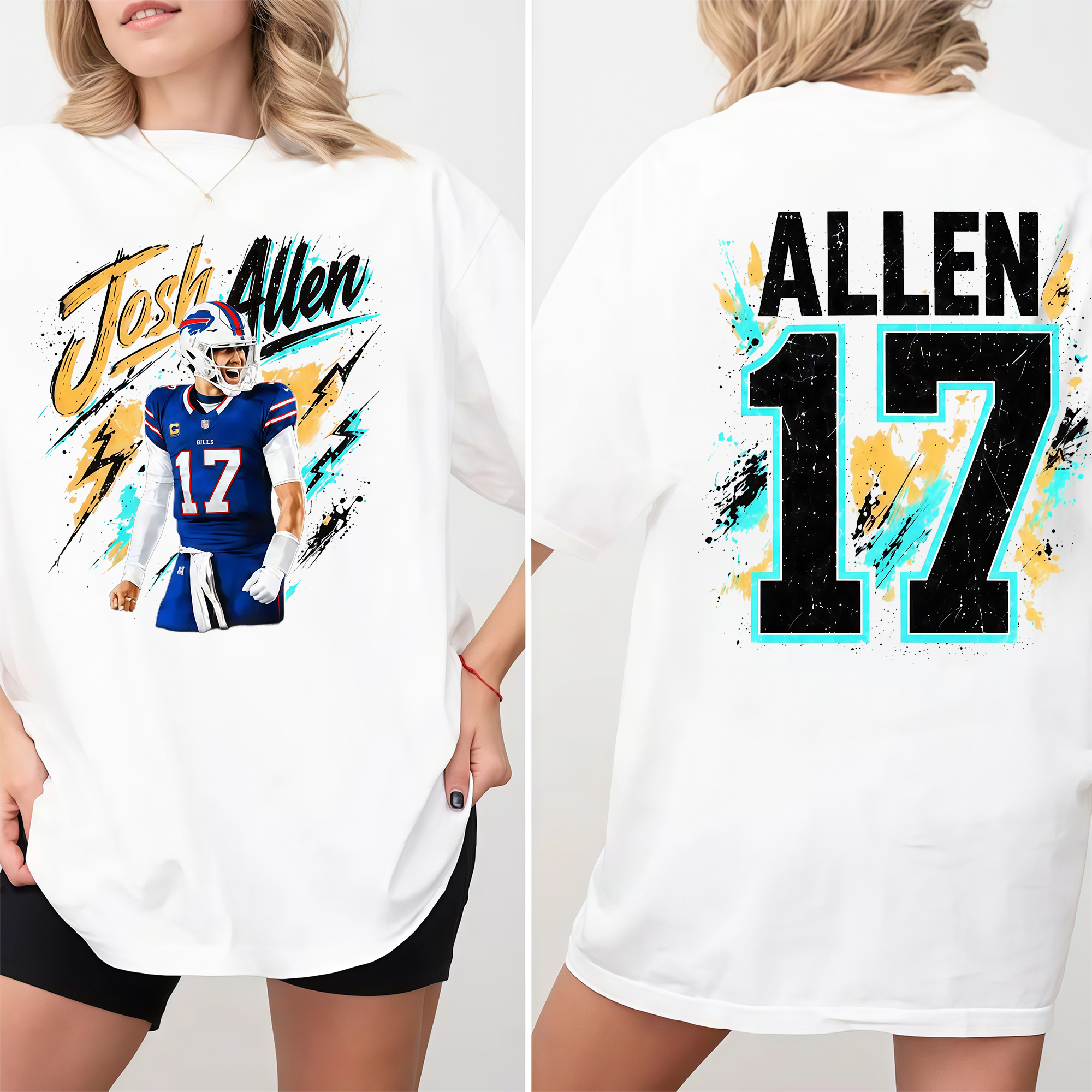 Blue Red Number 17 Football Graphic T-Shirt, Quarterback Game Day Tee, Two-Sided Unisex Sports Fan Shirt