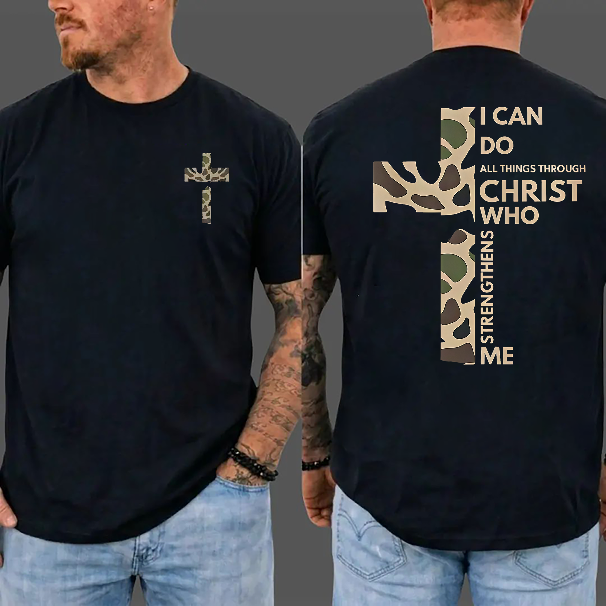 Christian Casual Round Neck Graphic T-Shirt - Camo Cross Print, Philippians 4:13, Relaxed Fit Soft Cotton, Fade-Resistant, Fashion Apparel, All Seasons Church Streetwear Top, Graphic T Shirts