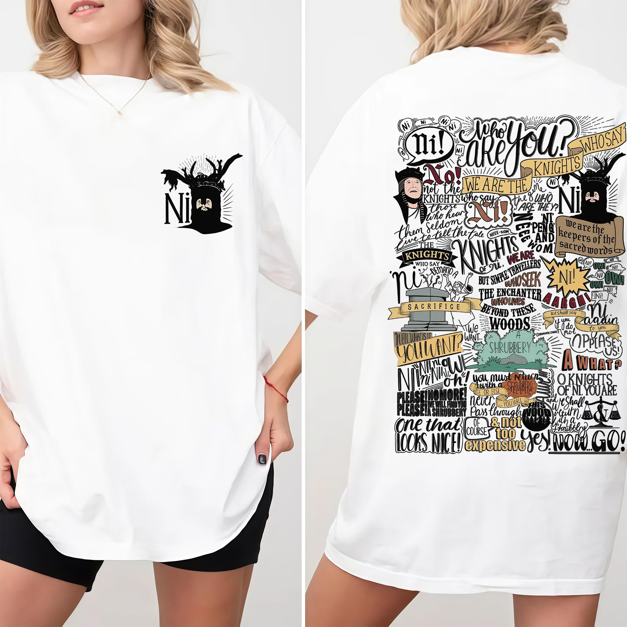 Ni! & Shrubbery Knights Who Say Ni Shirt 2sides, Monty Python and the Holy Grail Meme Tee, Funny 1975 Weirdcore Y2K Aesthetic Gift Unisex Shirt