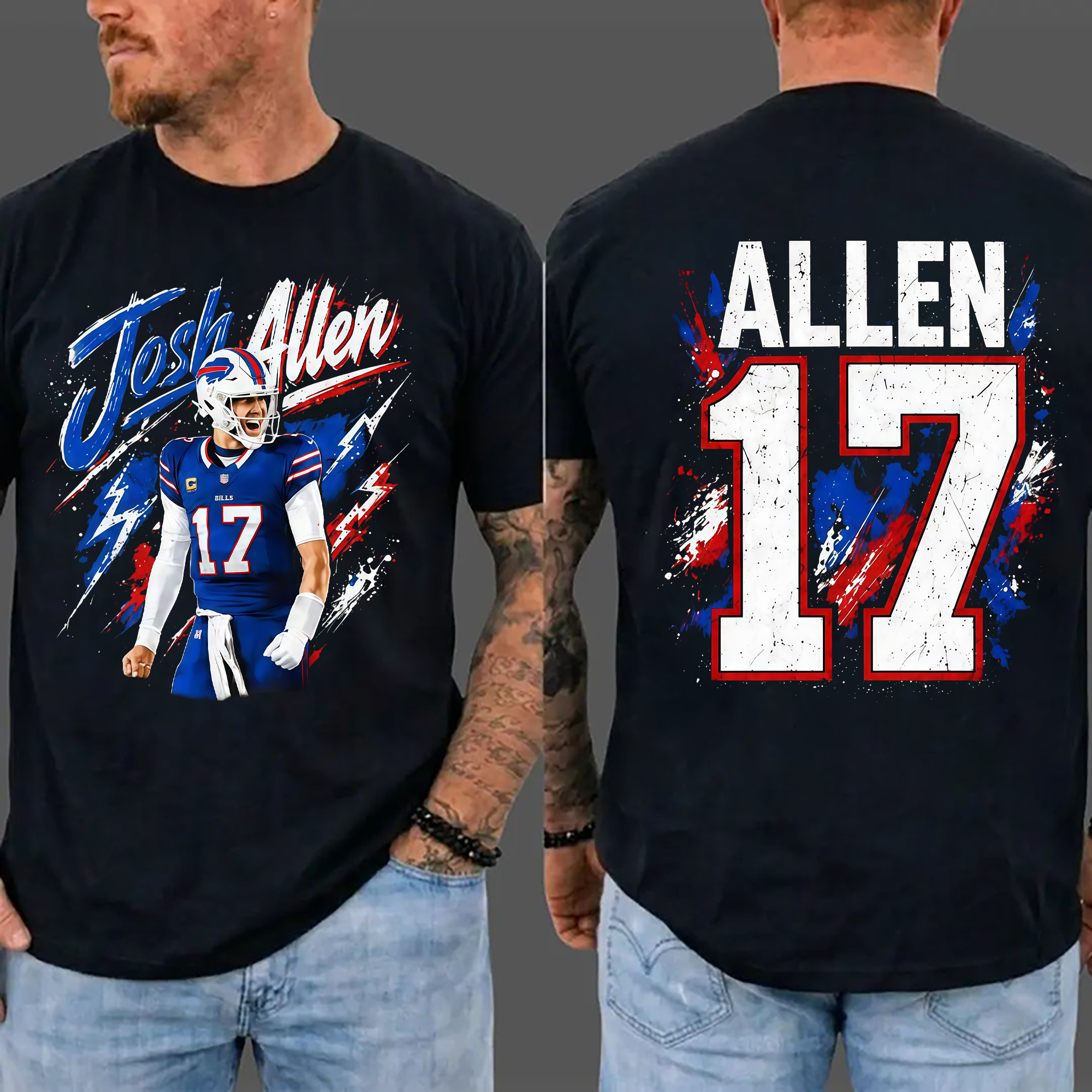 Blue Red Number 17 Football Graphic T-Shirt, Quarterback Game Day Tee, Two-Sided Unisex Sports Fan Shirt