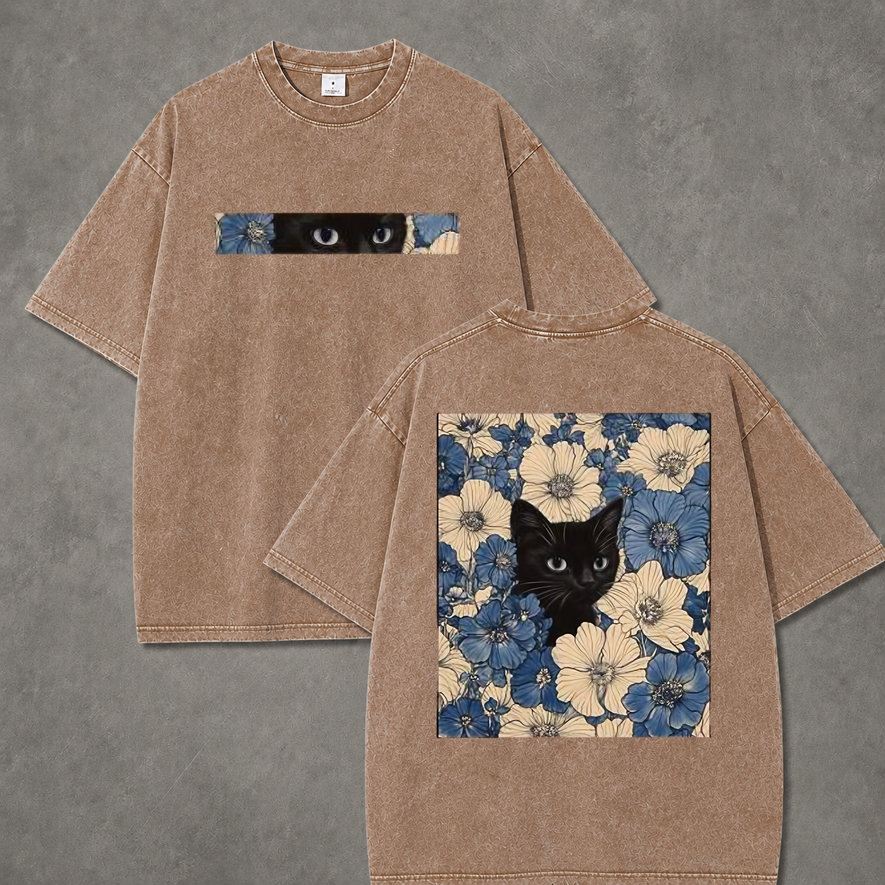 Retro Acid Wash Black Cat Flower Art T-Shirt