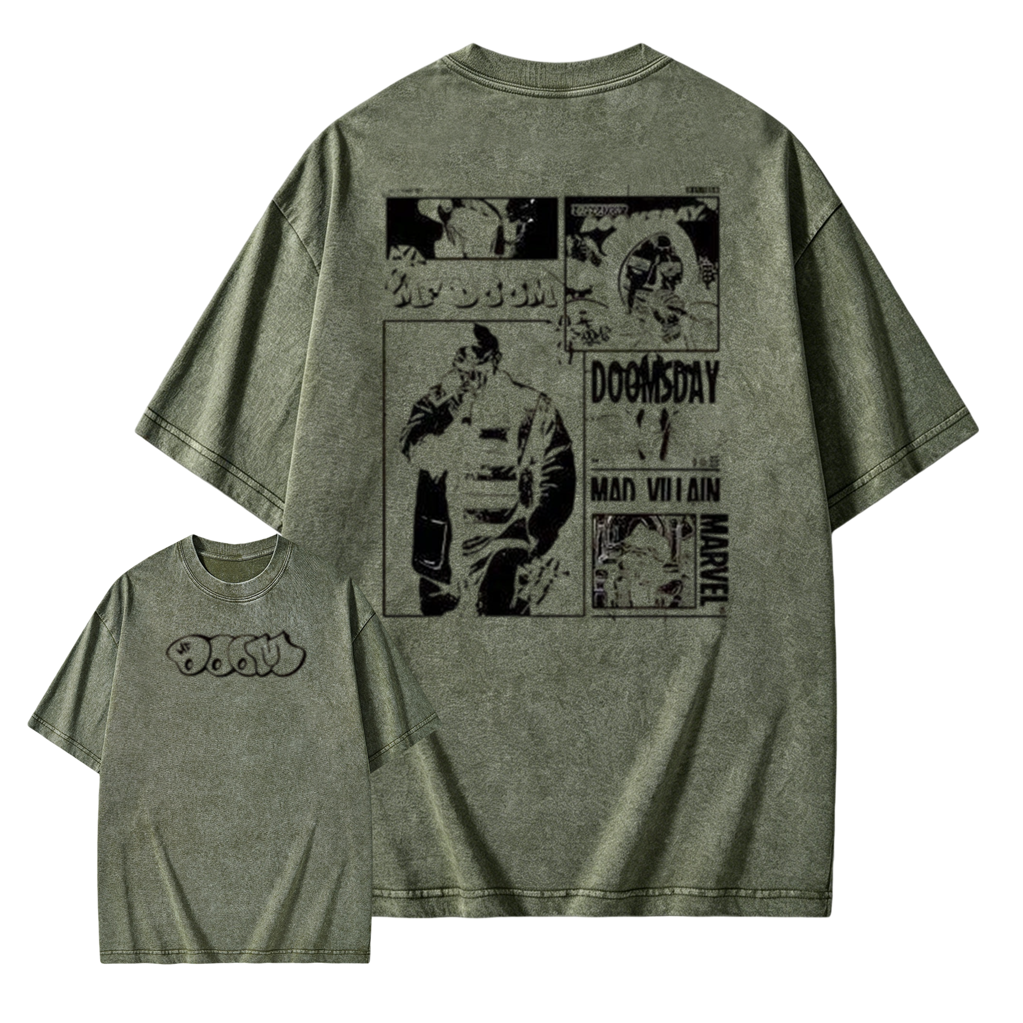 "DOOM" graffiti-style logo; featuring his signature works, *Operation: Doomsday* and *Madvillainy*.--Short Sleeve Cotton Unisex Retro wash Tee