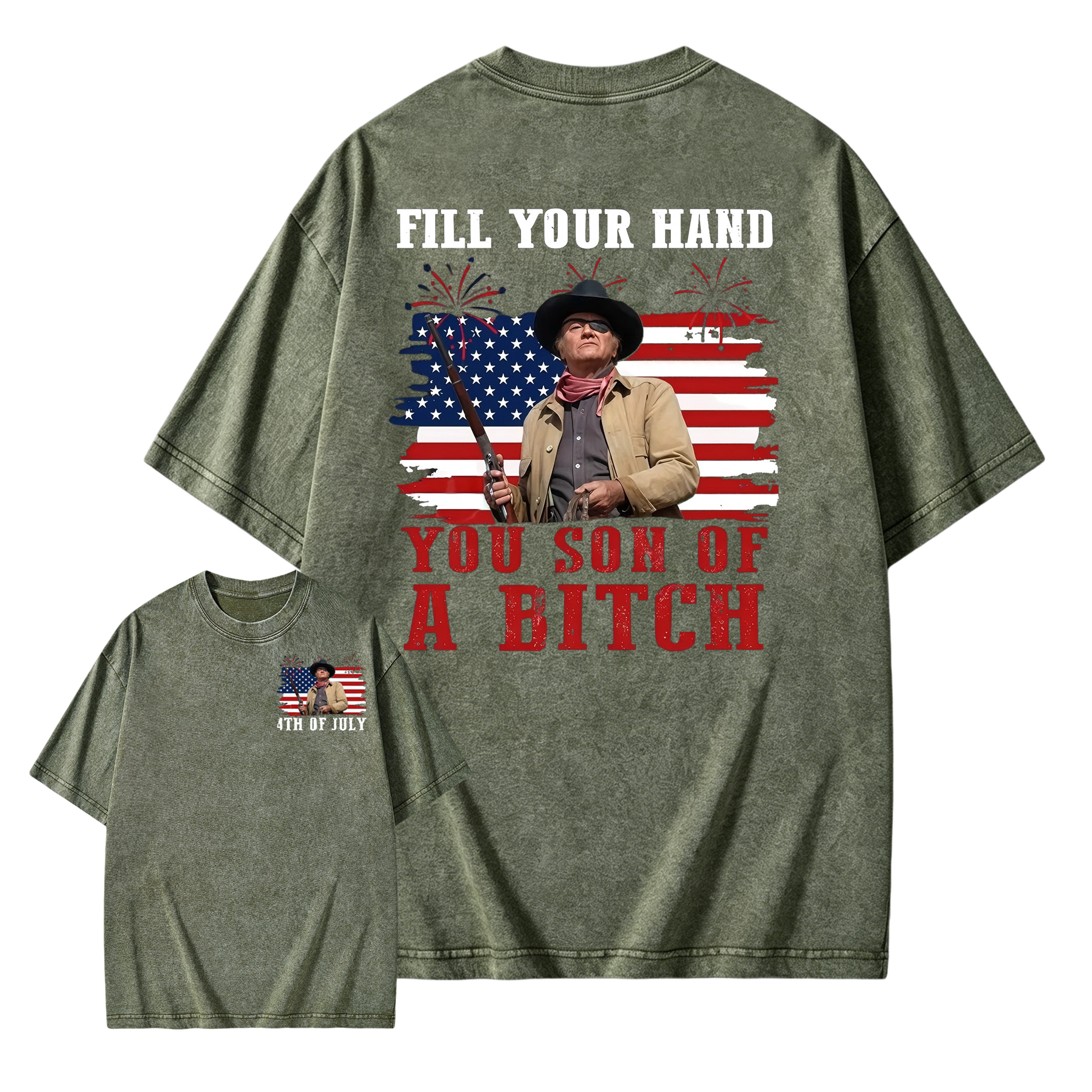 Funny Patriotic Cowboy Shirt for Men, Fill Your Hand USA Flag Graphic Tee, 4th of July Western Cowboy Washed Tee