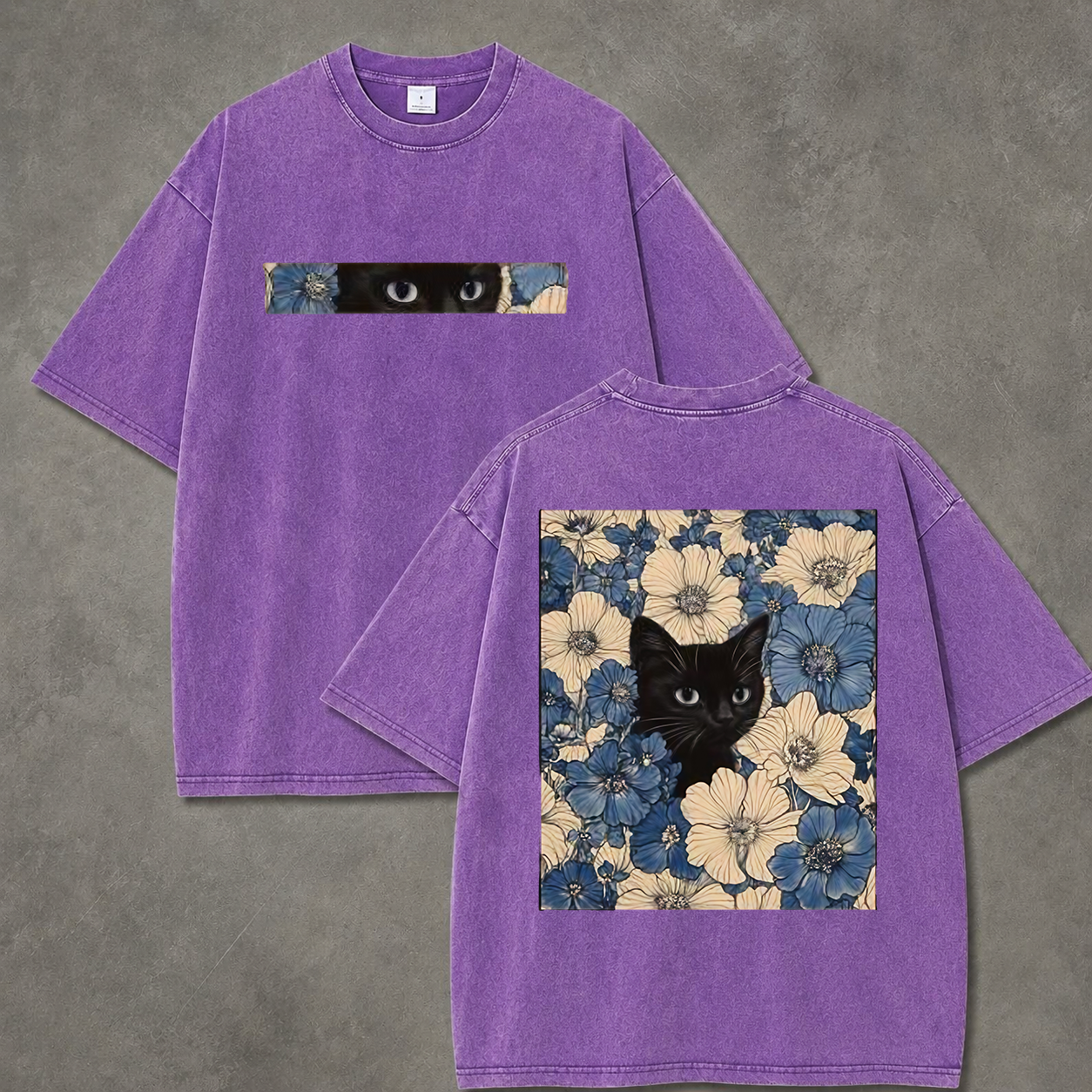 Retro Acid Wash Black Cat Flower Art T-Shirt