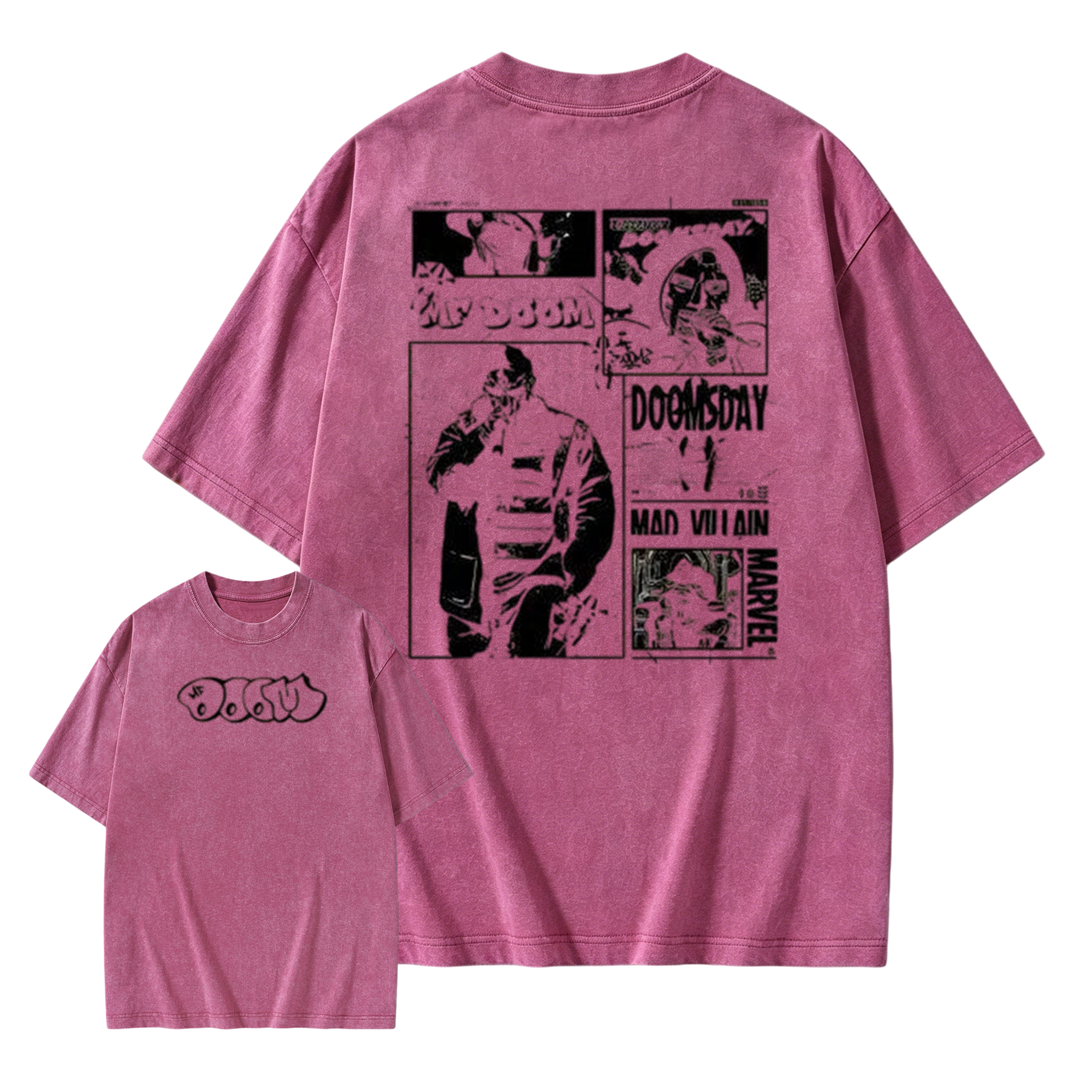 "DOOM" graffiti-style logo; featuring his signature works, *Operation: Doomsday* and *Madvillainy*.--Short Sleeve Cotton Unisex Retro wash Tee