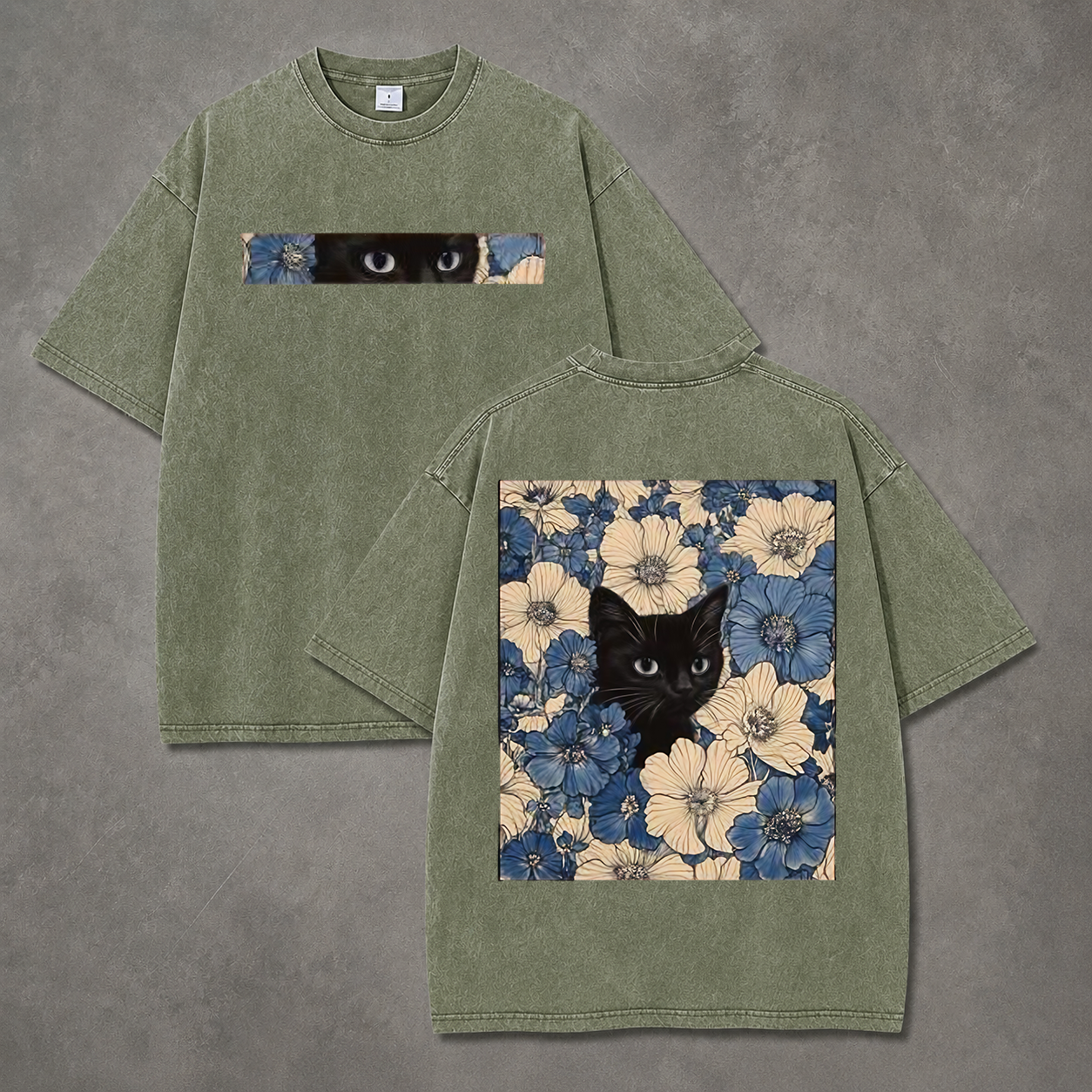 Retro Acid Wash Black Cat Flower Art T-Shirt