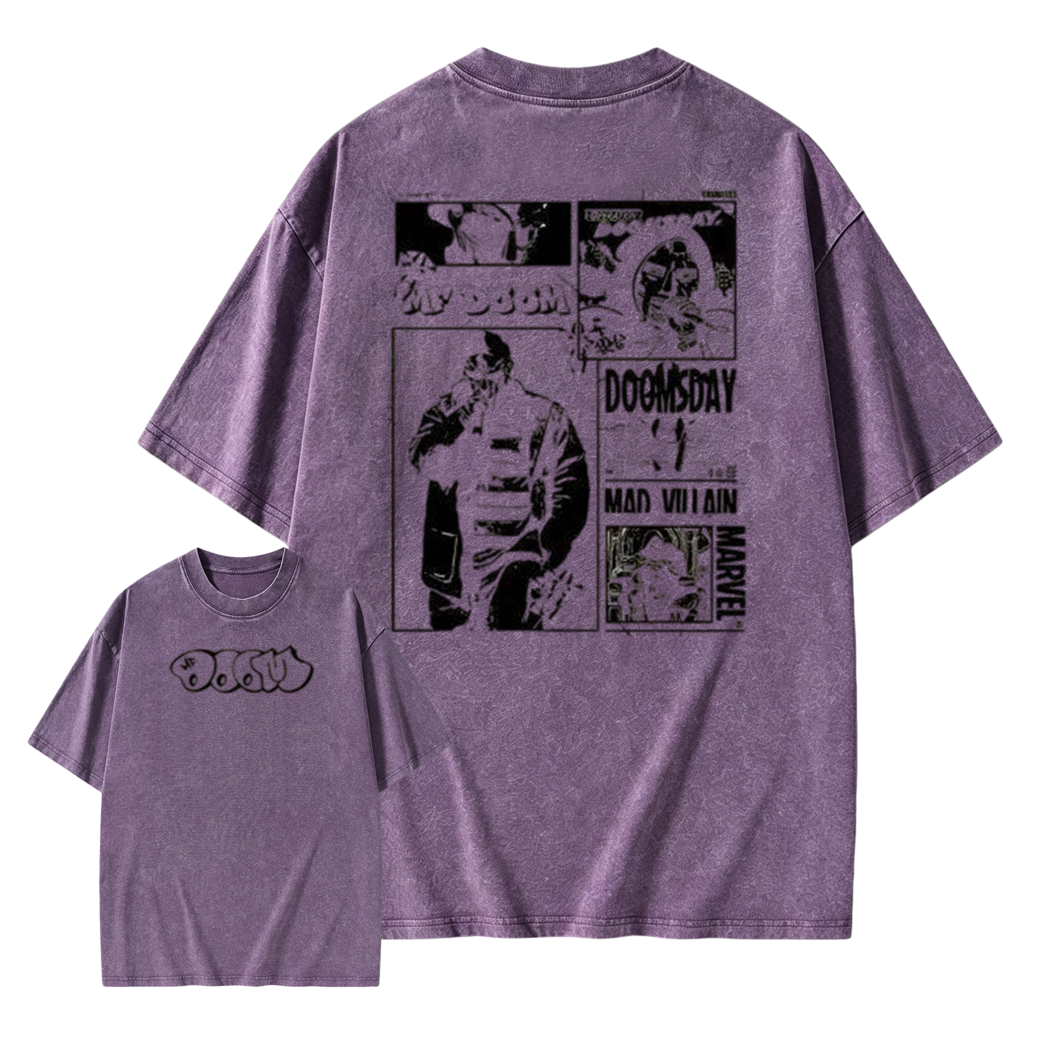 "DOOM" graffiti-style logo; featuring his signature works, *Operation: Doomsday* and *Madvillainy*.--Short Sleeve Cotton Unisex Retro wash Tee