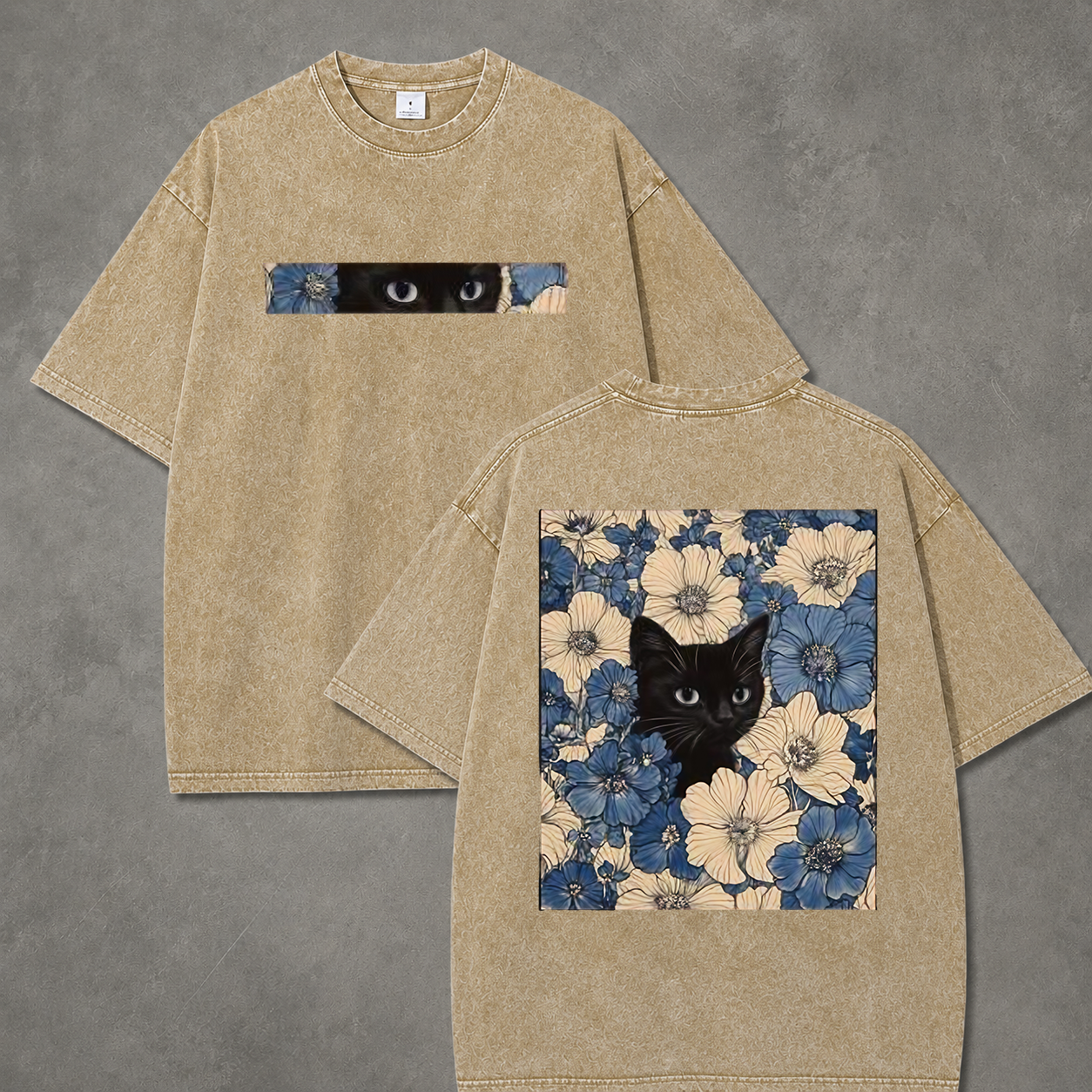Retro Acid Wash Black Cat Flower Art T-Shirt