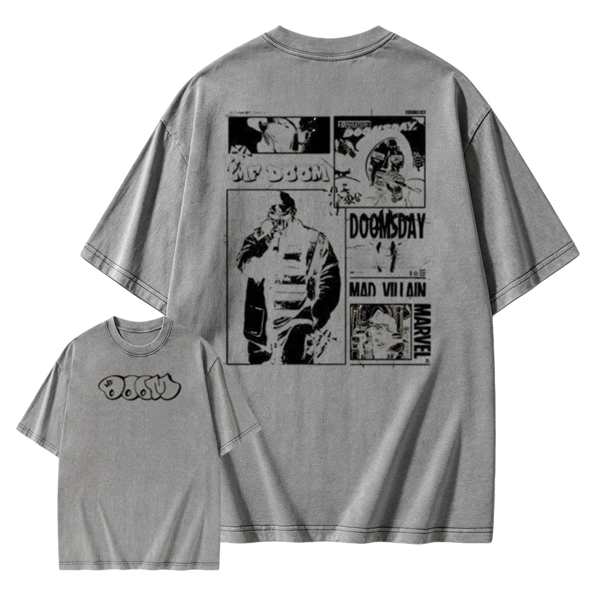 "DOOM" graffiti-style logo; featuring his signature works, *Operation: Doomsday* and *Madvillainy*.--Short Sleeve Cotton Unisex Retro wash Tee