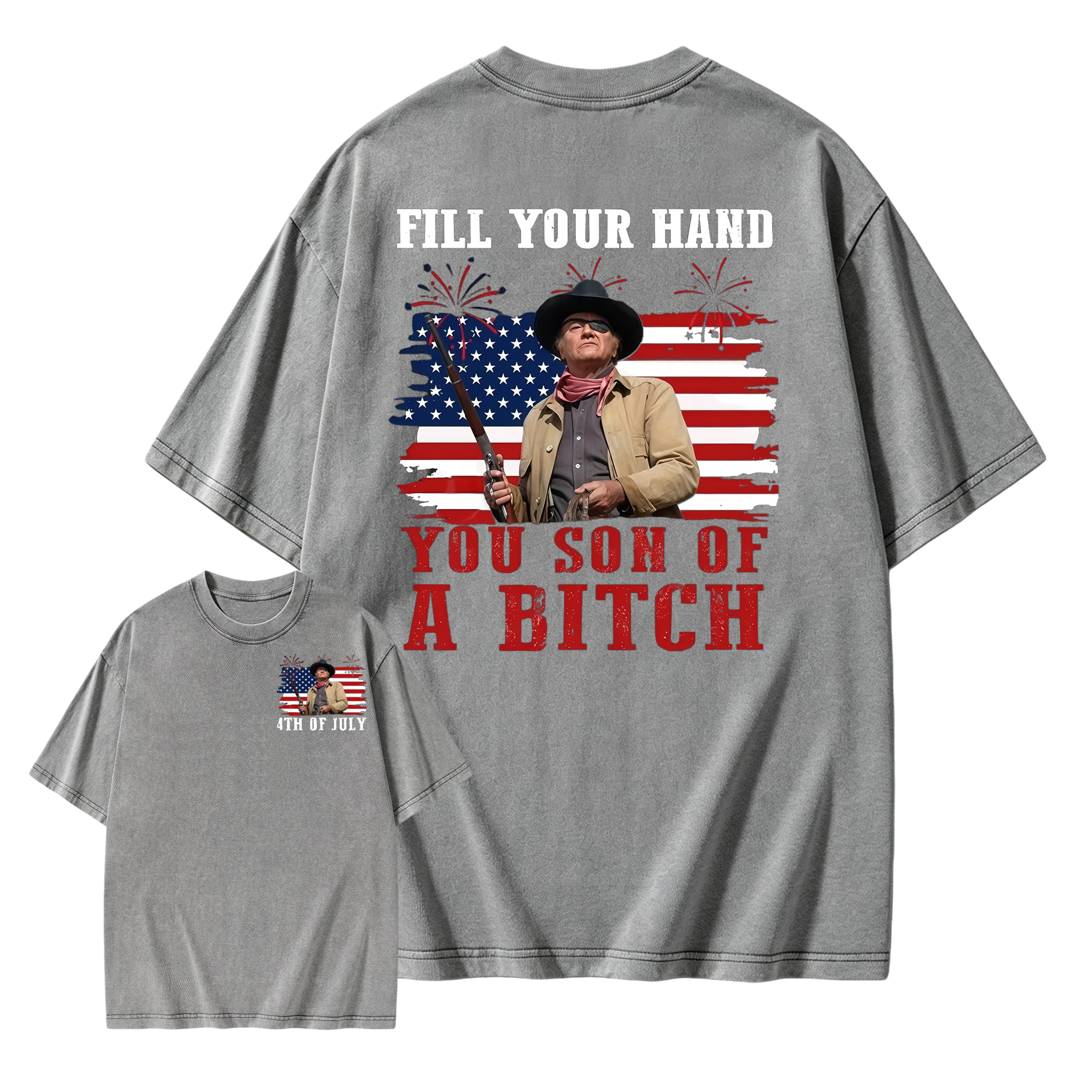 Funny Patriotic Cowboy Shirt for Men, Fill Your Hand USA Flag Graphic Tee, 4th of July Western Cowboy Washed Tee