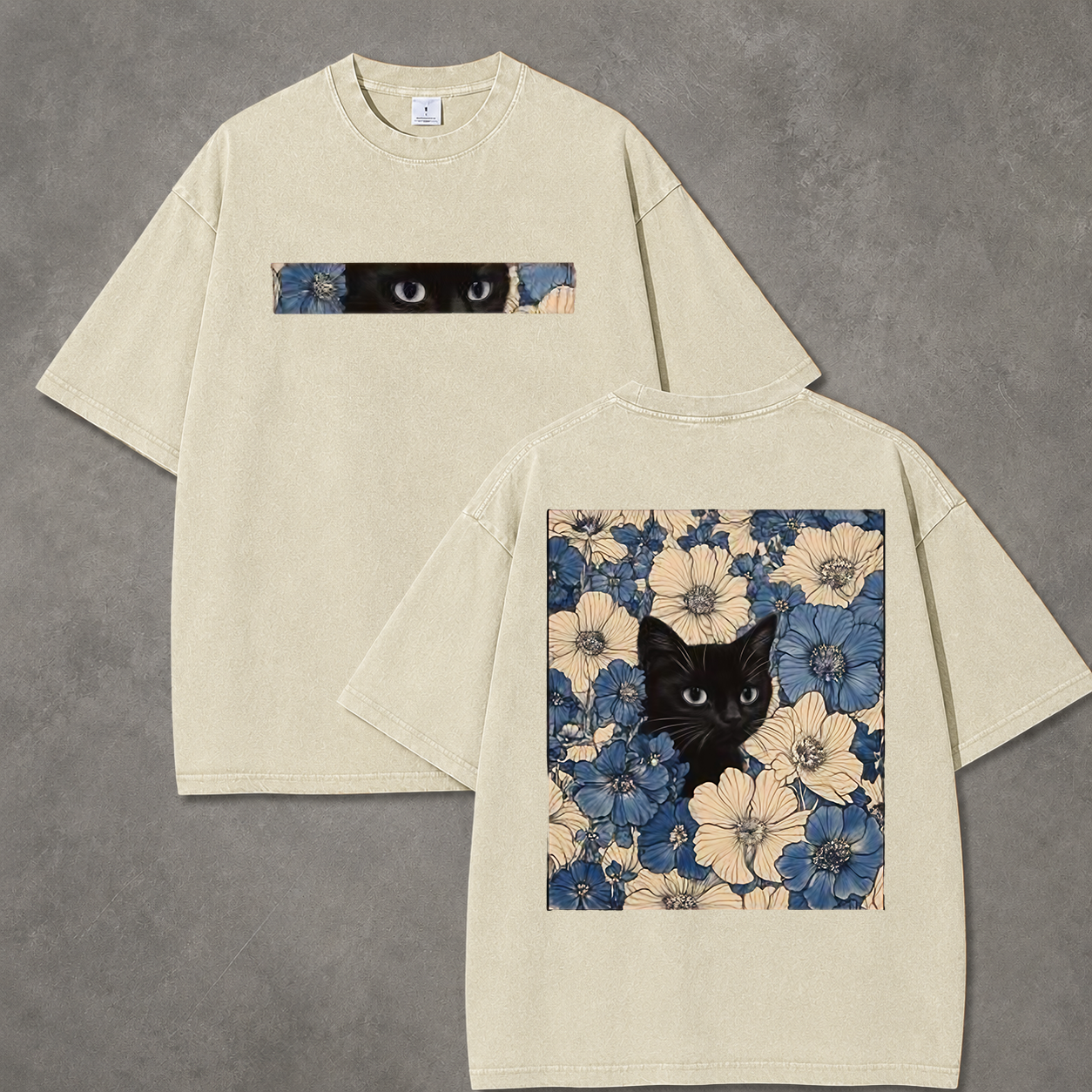 Retro Acid Wash Black Cat Flower Art T-Shirt