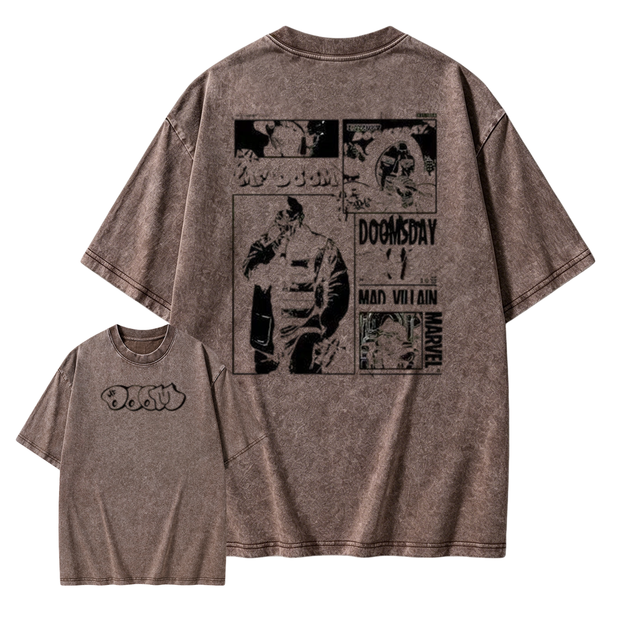 "DOOM" graffiti-style logo; featuring his signature works, *Operation: Doomsday* and *Madvillainy*.--Short Sleeve Cotton Unisex Retro wash Tee