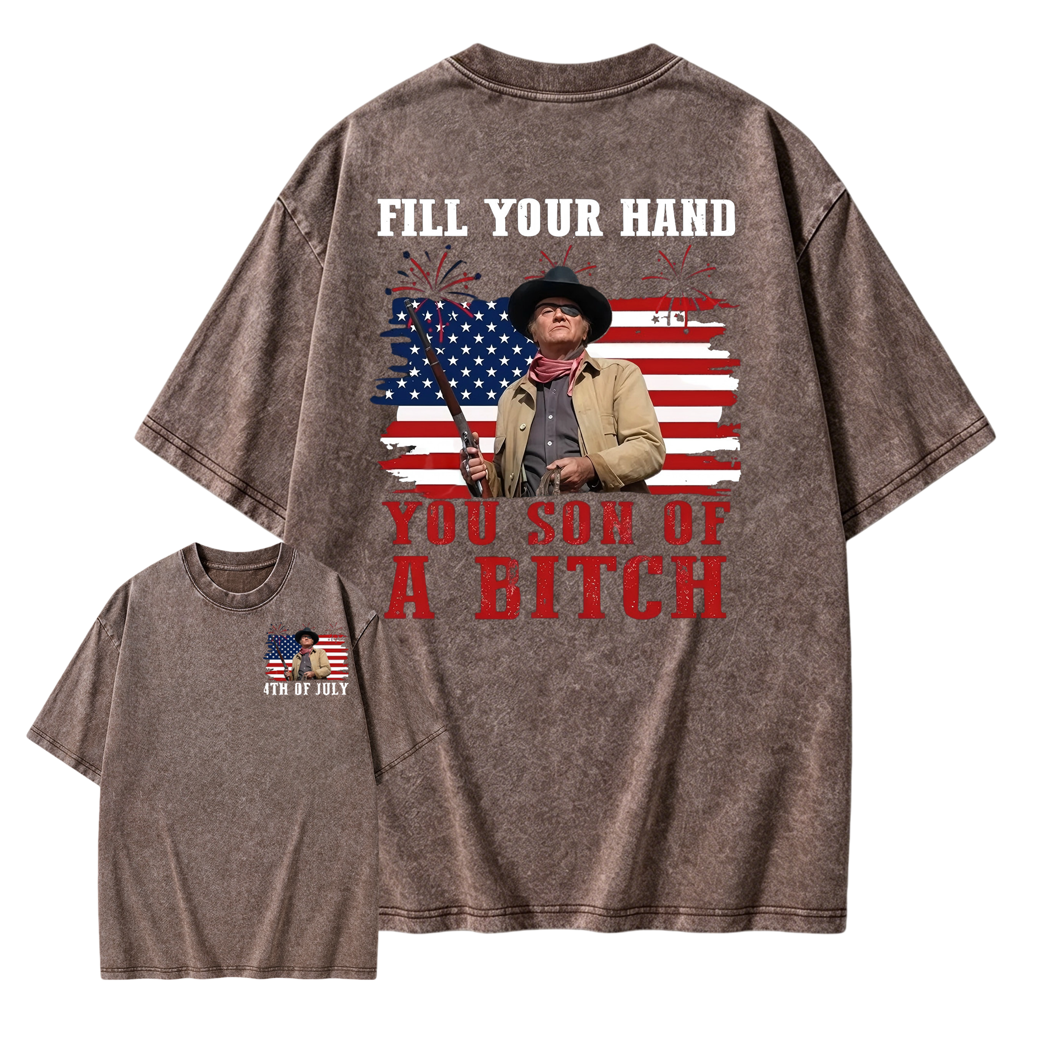 Funny Patriotic Cowboy Shirt for Men, Fill Your Hand USA Flag Graphic Tee, 4th of July Western Cowboy Washed Tee