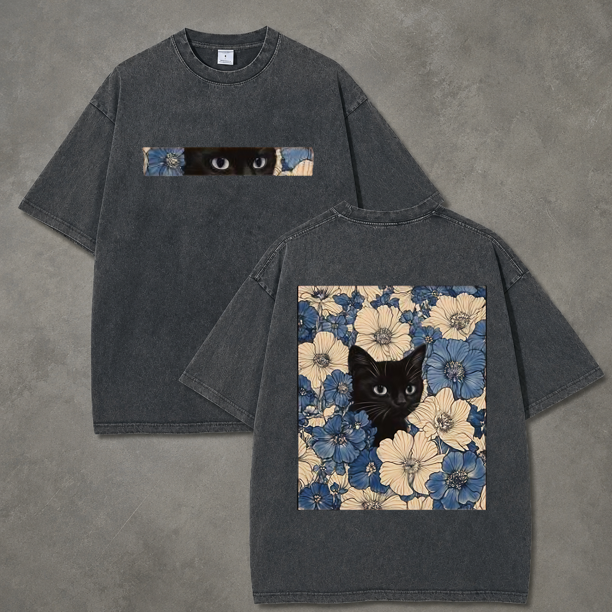 Retro Acid Wash Black Cat Flower Art T-Shirt